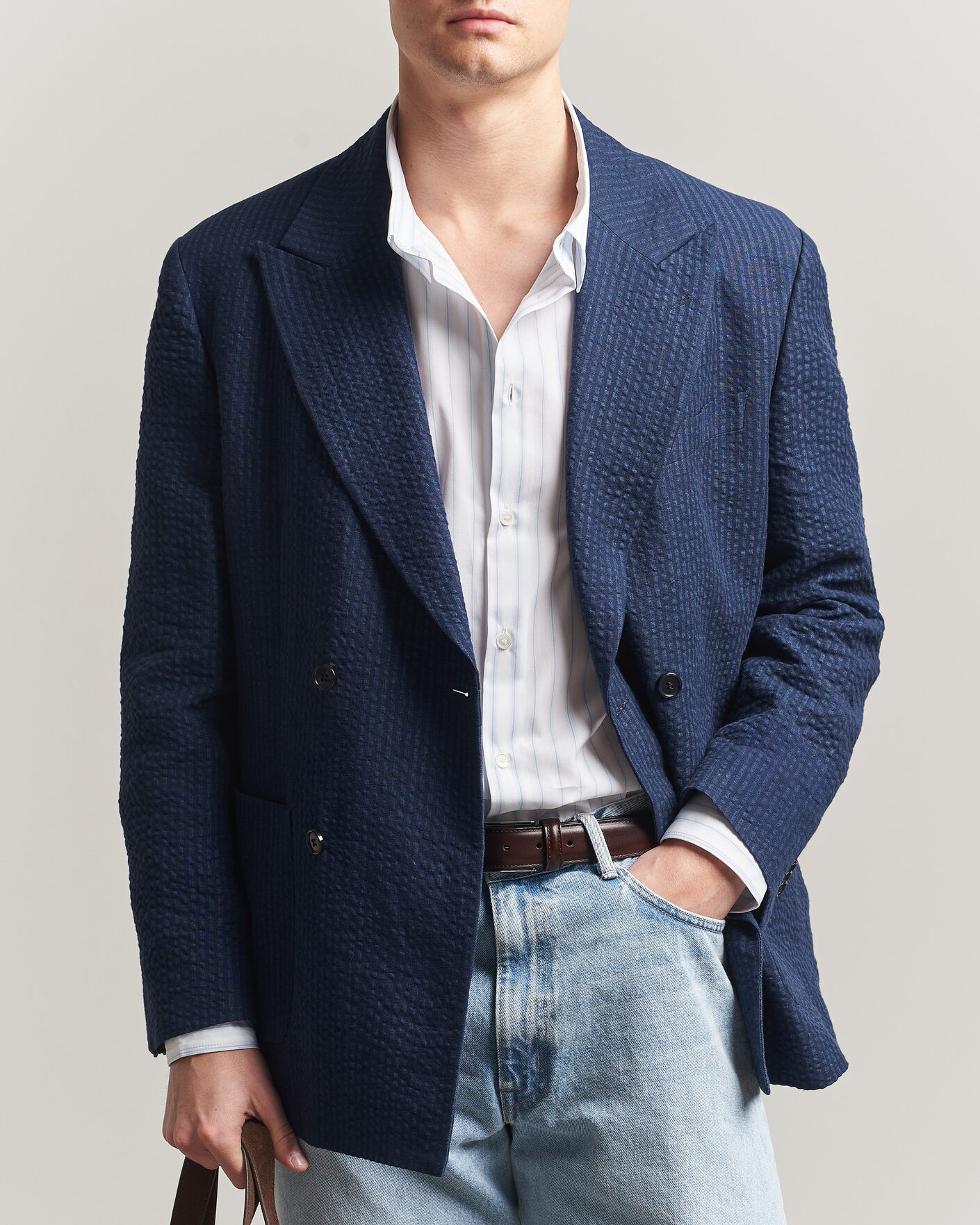 Men | Blazers | Gant | Linen Indigo Seersucker Blazer Bid Blue
