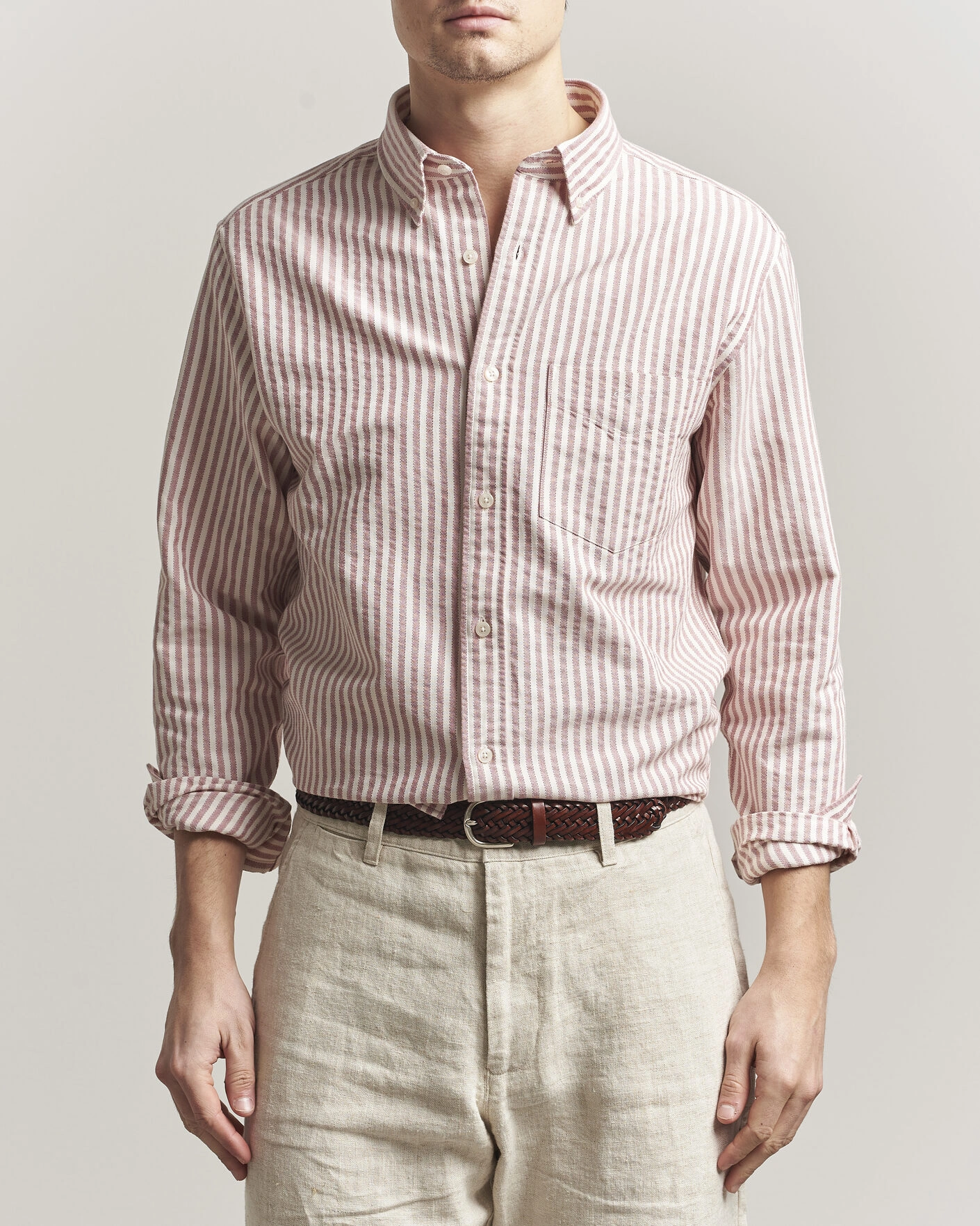 Men | Shirts | GANT | Regular Fit Textured Striped Shirt Rose Red