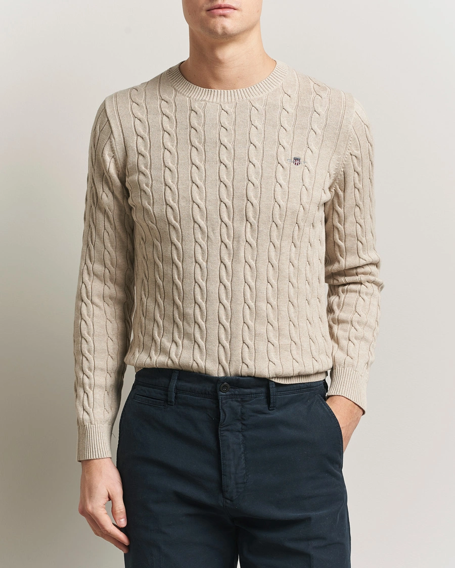 Men | Sweaters & Knitwear | GANT | Cotton Cable Crew Neck Pullover Oat Melange