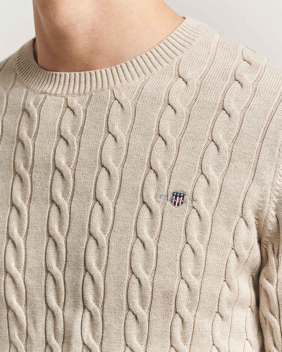 Men | Sweaters & Knitwear | GANT | Cotton Cable Crew Neck Pullover Oat Melange