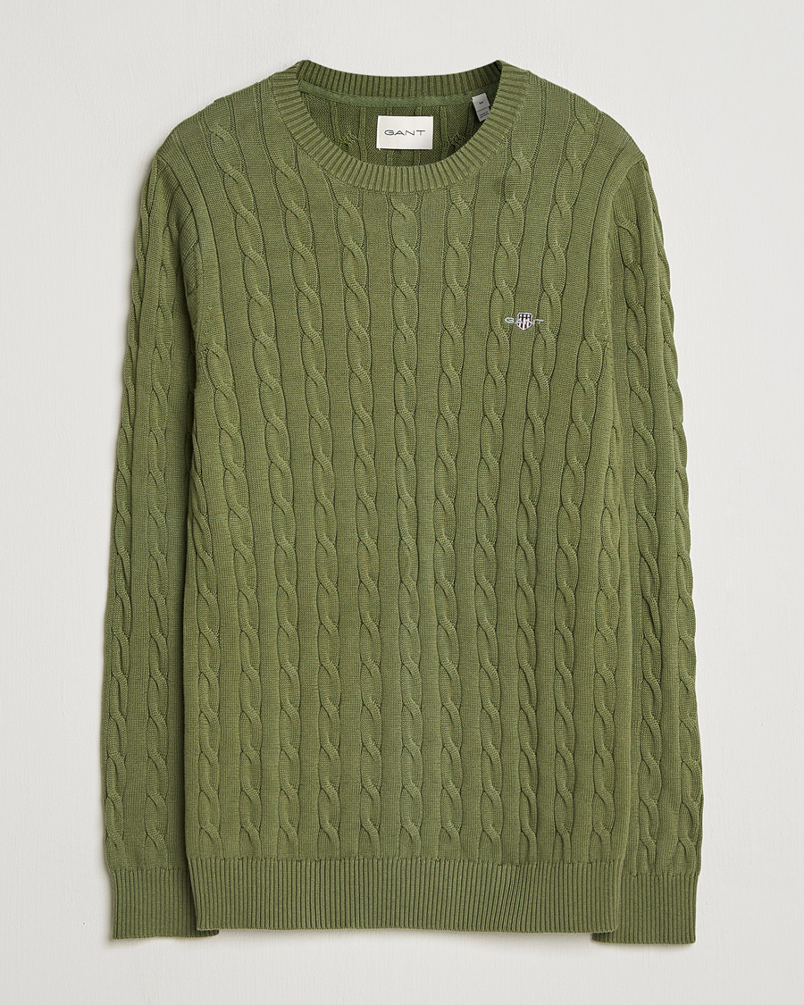 Men | Sweaters & Knitwear | GANT | Cotton Cable Crew Neck Pullover Dry Herb Green
