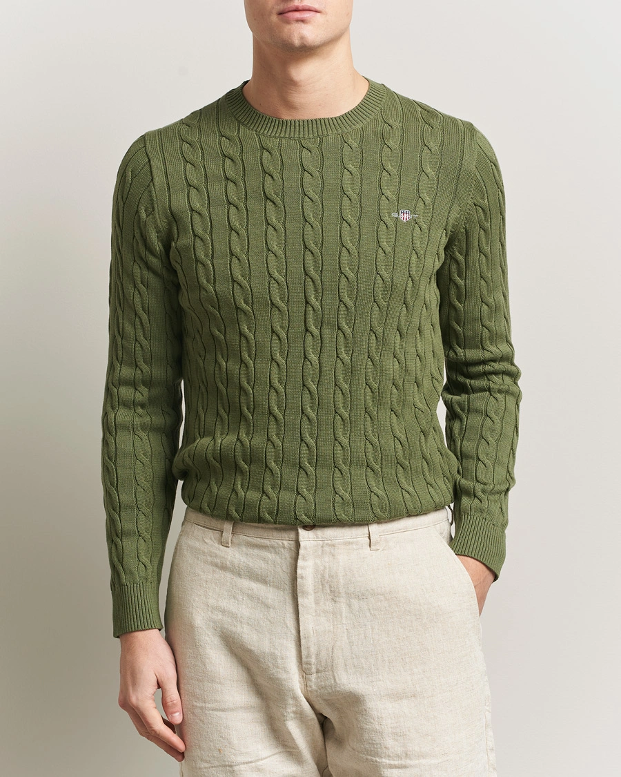 Men | Sweaters & Knitwear | GANT | Cotton Cable Crew Neck Pullover Dry Herb Green