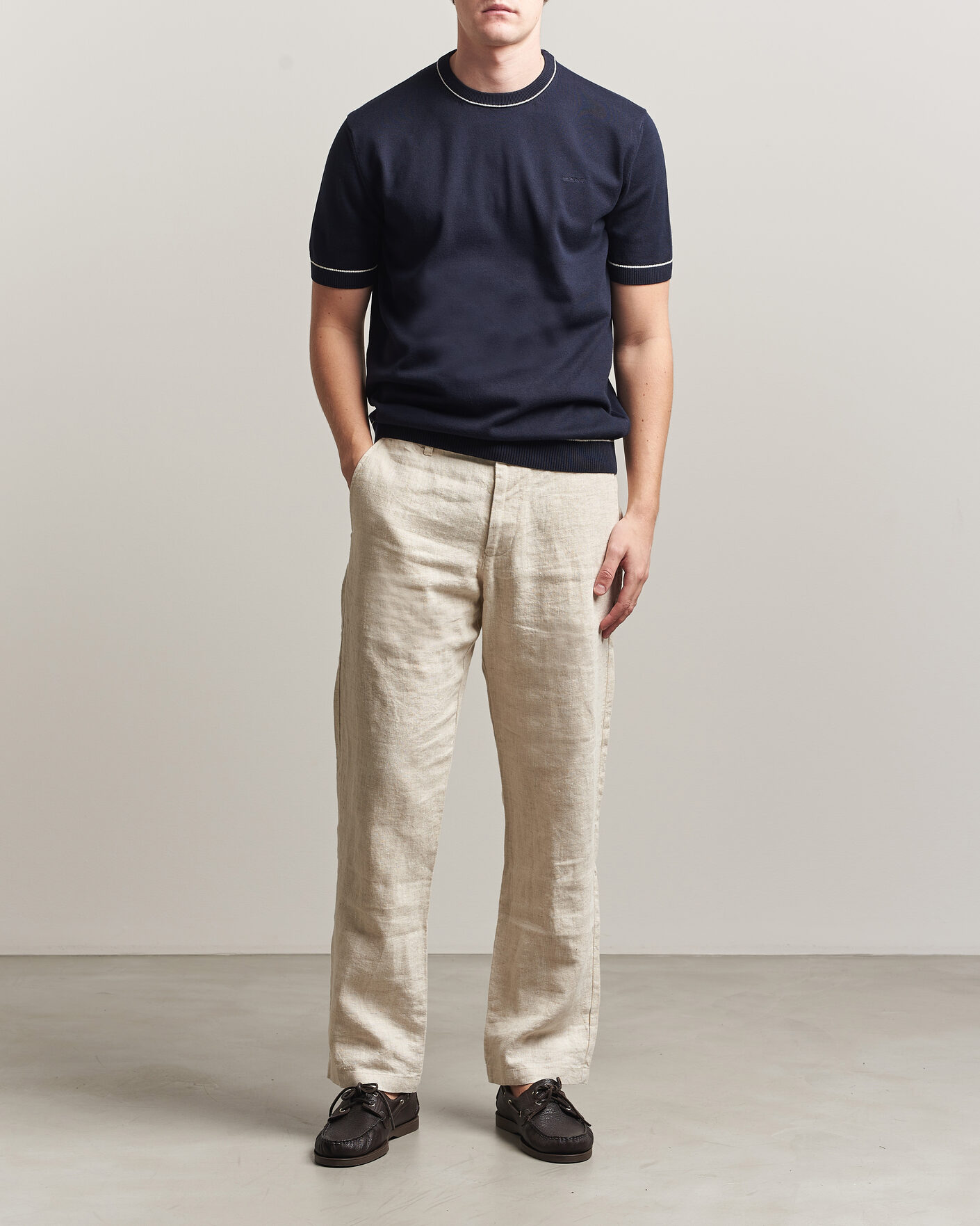 Men | T-Shirts | GANT | Cotton/Model Knitted T-Shirt Evening Blue