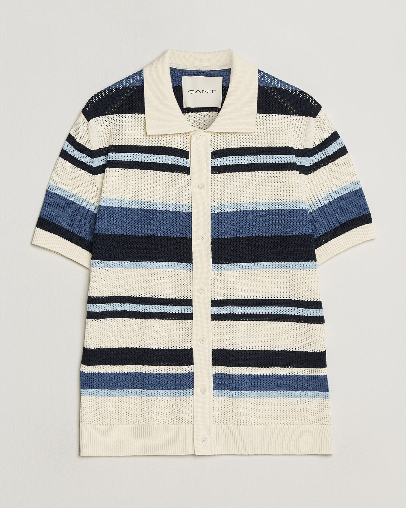 Men | Shirts | Gant | Striped Knitted Short Sleeve Shirt Vintage Blue