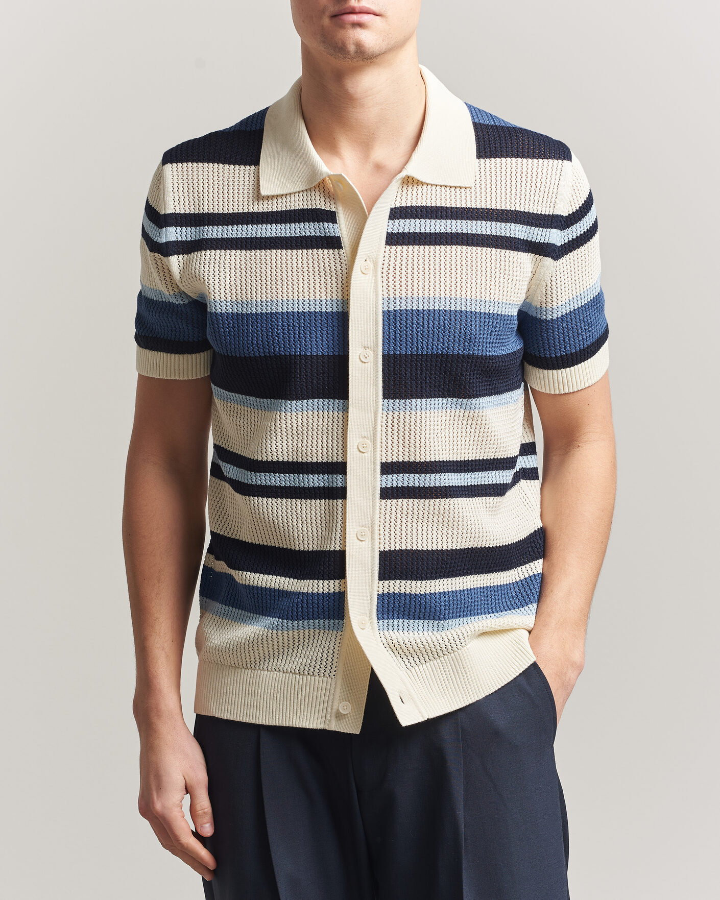 Men | Shirts | Gant | Striped Knitted Short Sleeve Shirt Vintage Blue