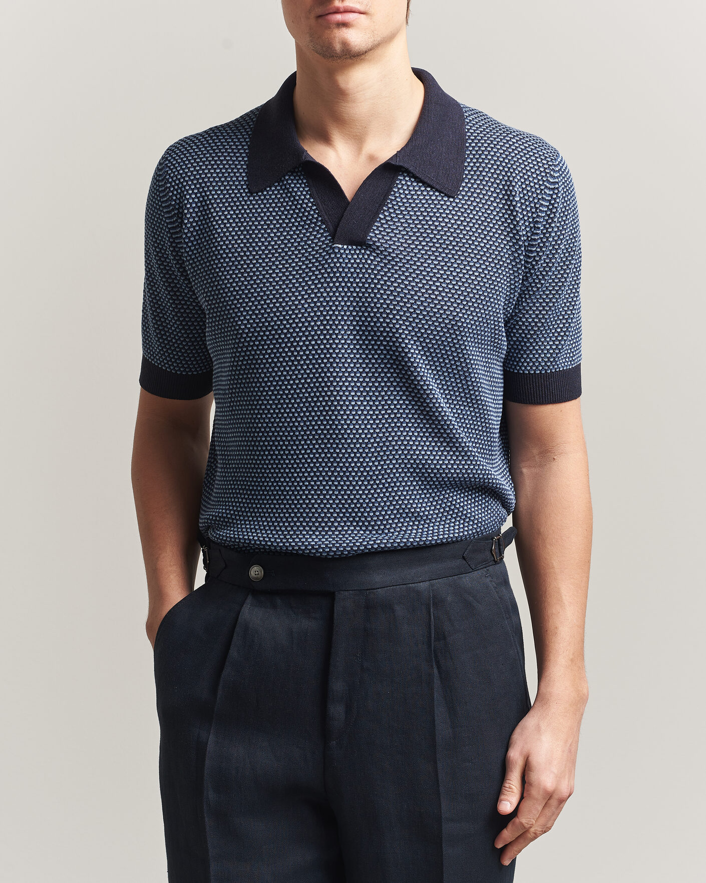 Men | Polo Shirts | Piacenza Cashmere | Silk/Linen Honeycomb Knitted Polo Navy