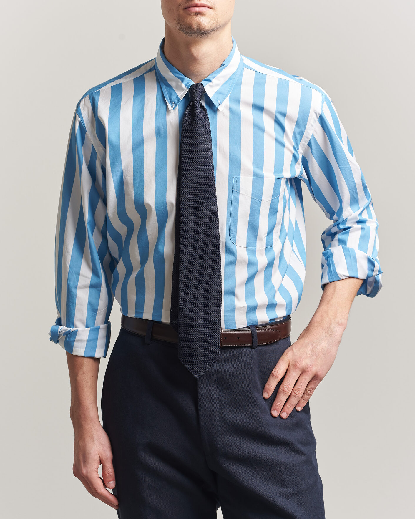 Men | Shirts | Kamakura Shirts | Vintage Ivy Button Down Shirt Bold Blue Stripe