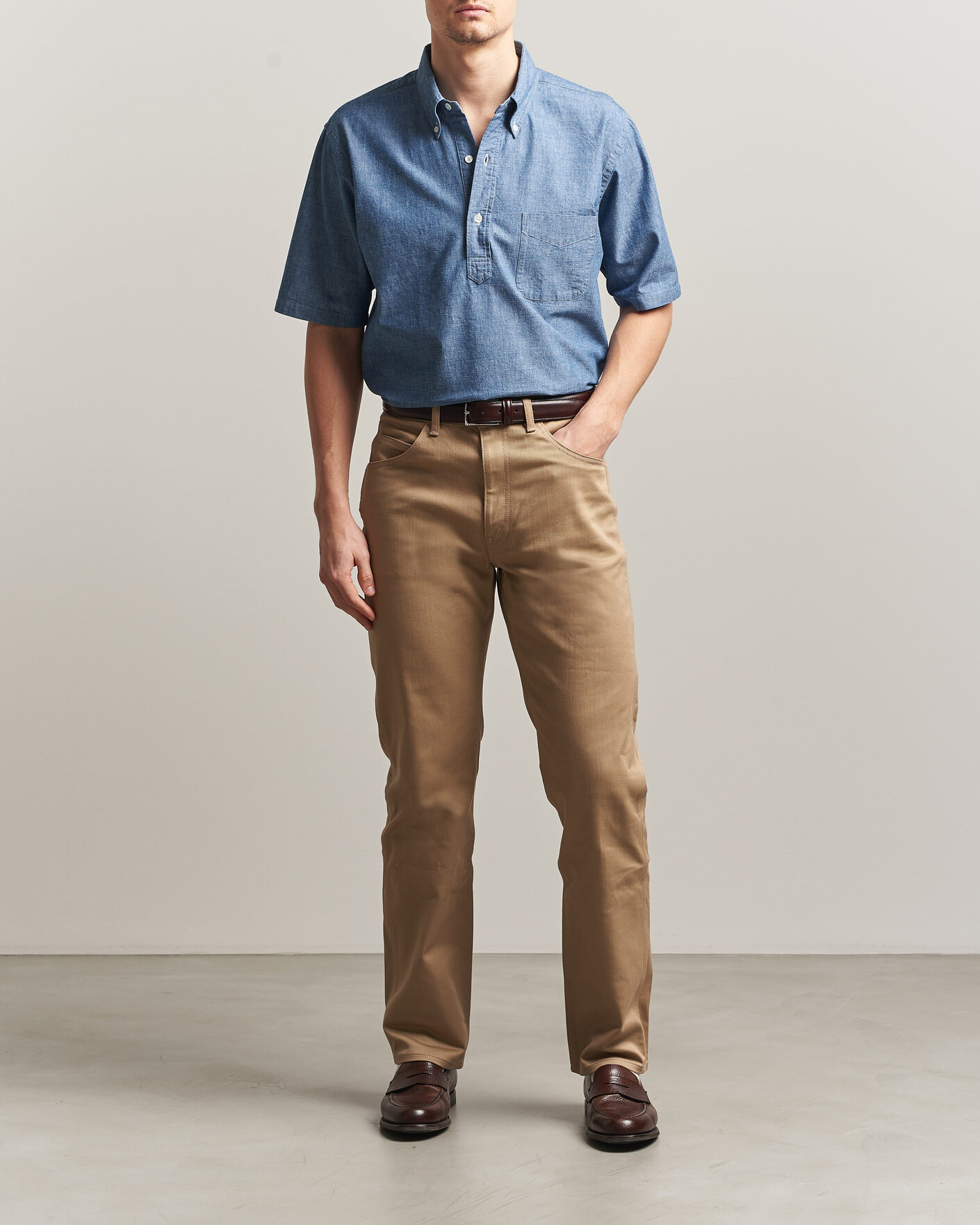 Men | Shirts | Kamakura Shirts | Vintage Ivy Half Sleeve Chambray Popover Blue