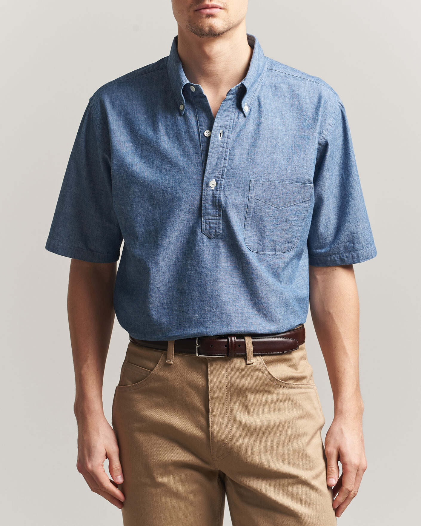 トップス AURALEE CHAMBRAY HALF SLEEVED SHIRTS Kamakura Shirts Vintage Ivy Half Sleeve Chambray Popover Blue at