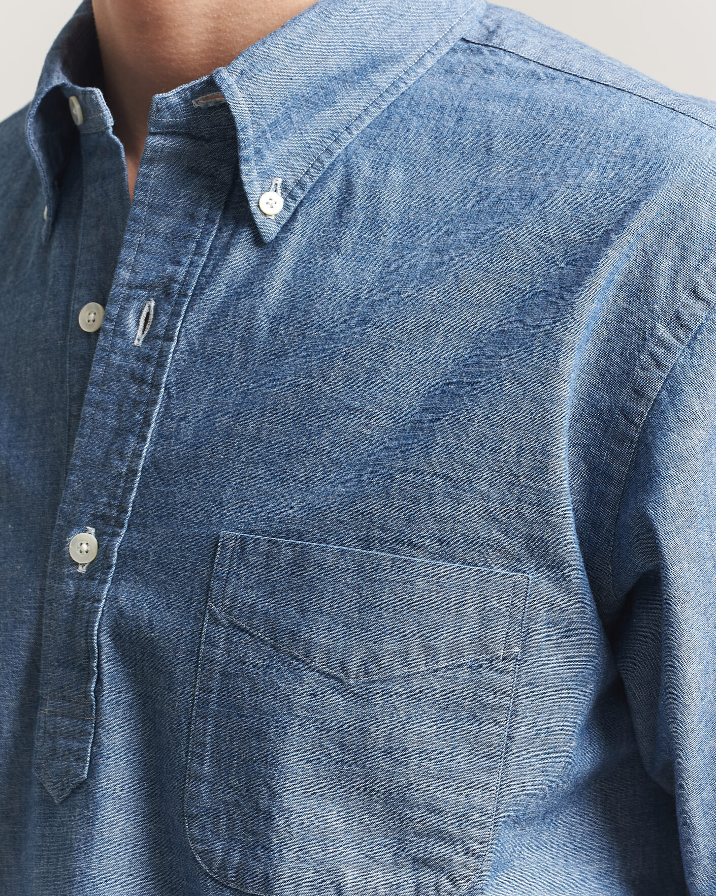 Men | Shirts | Kamakura Shirts | Vintage Ivy Half Sleeve Chambray Popover Blue