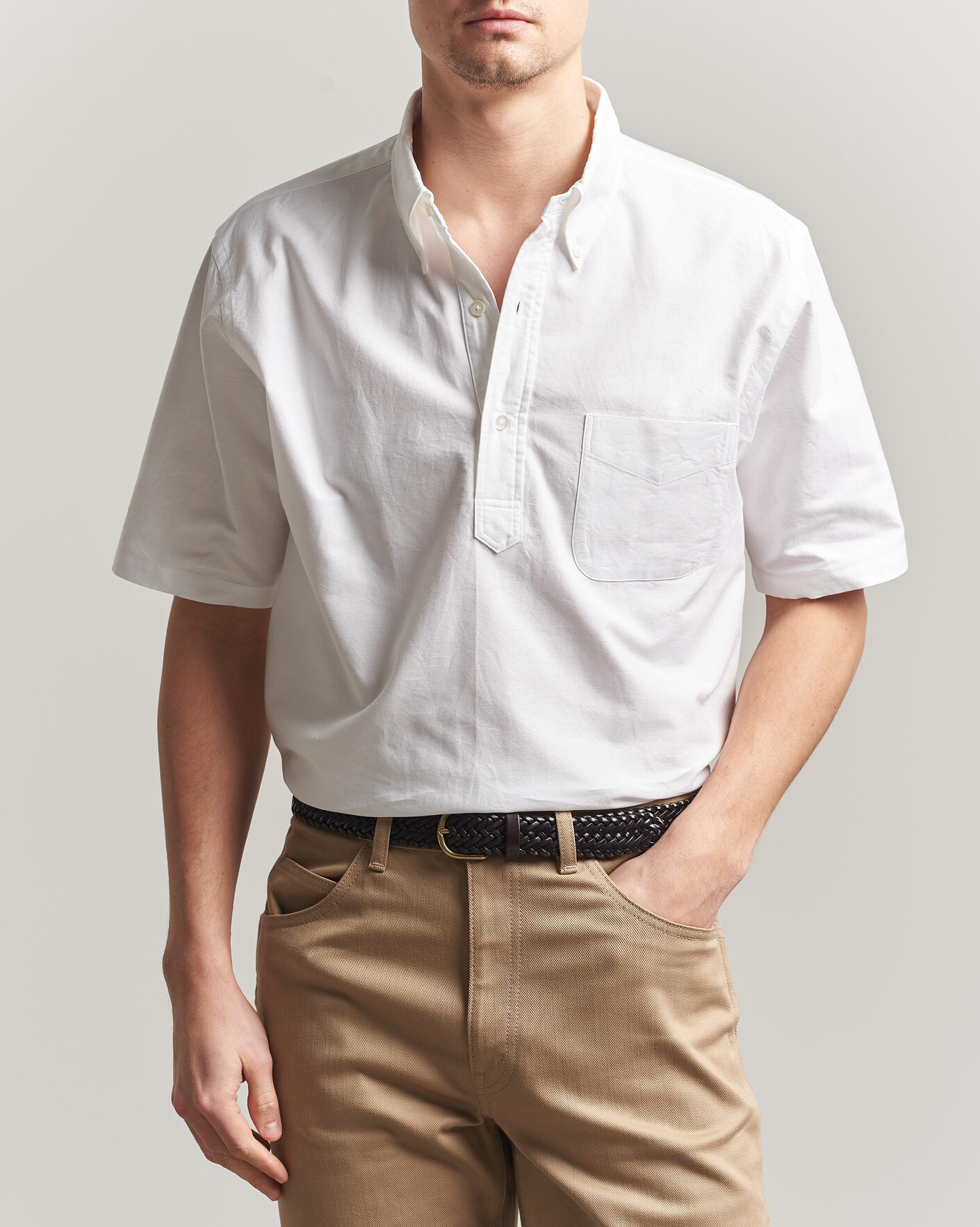 Men | Shirts | Kamakura Shirts | Vintage Ivy Half Sleeve Oxford Popover White