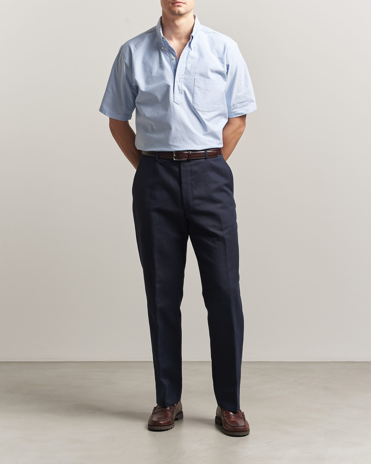 Men | Shirts | Kamakura Shirts | Vintage Ivy Half Sleeve Oxford Popover Light Blue