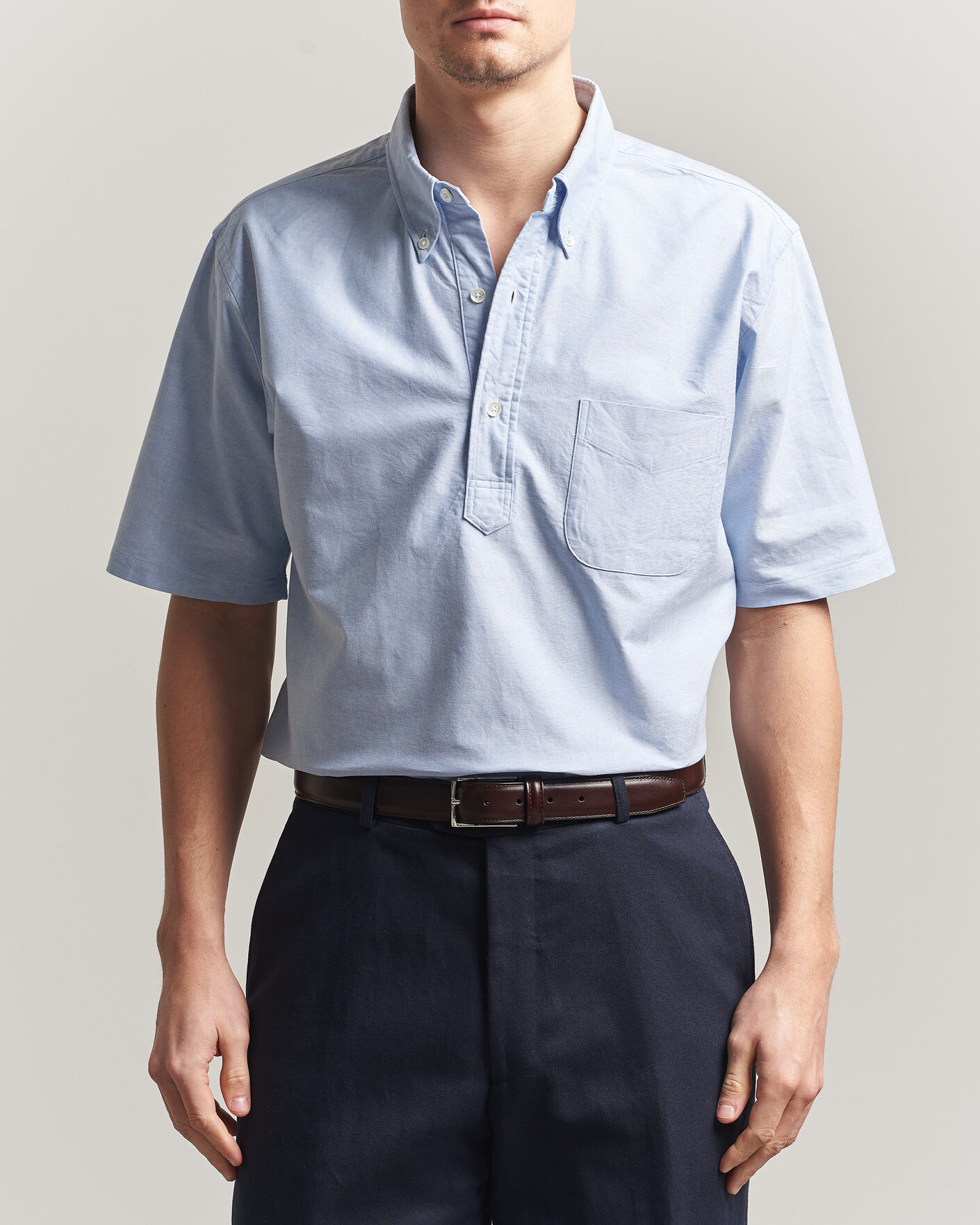 Men | Shirts | Kamakura Shirts | Vintage Ivy Half Sleeve Oxford Popover Light Blue