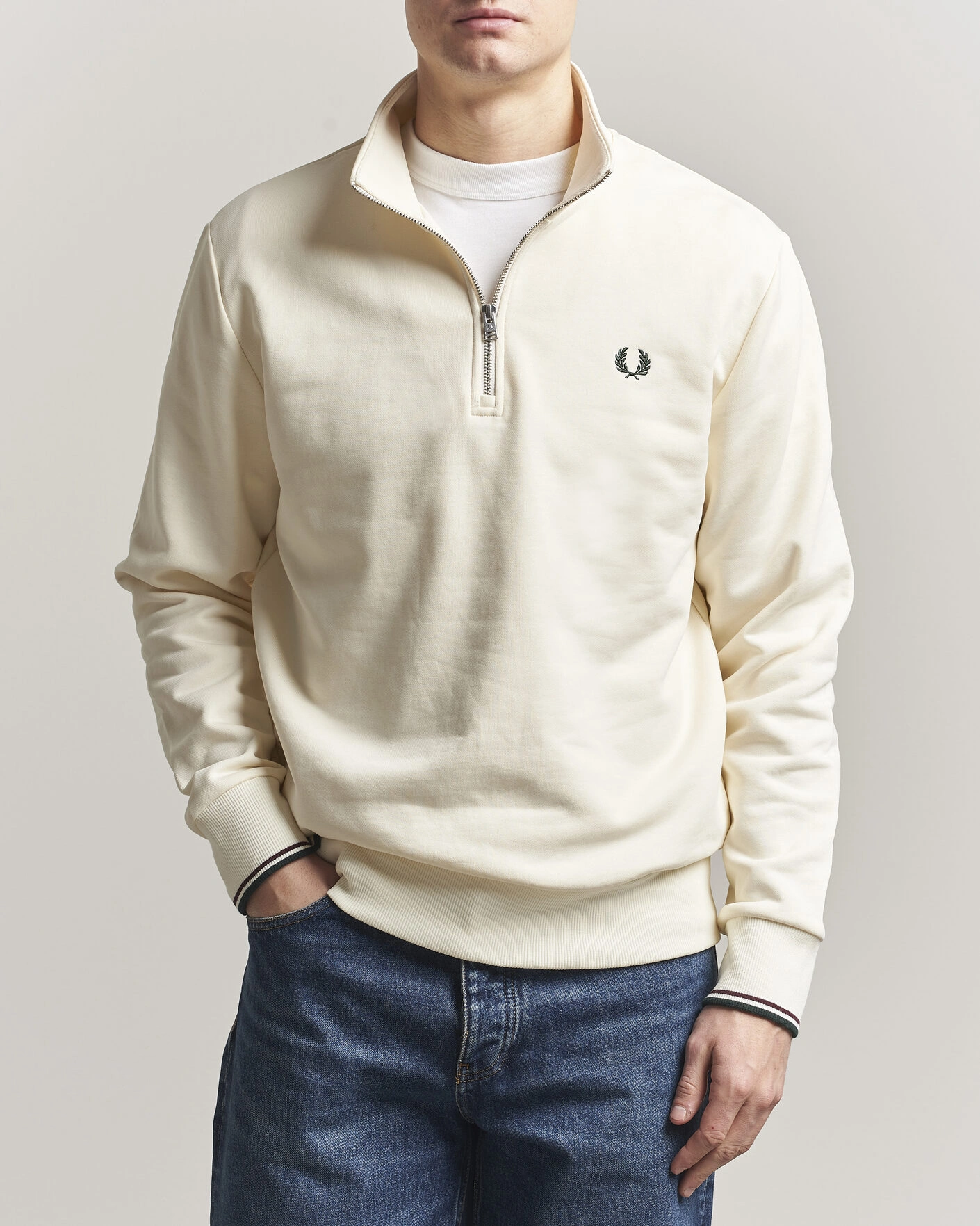 Men | Sweaters & Knitwear | Fred Perry | Half Zip Sweatshirt Ecru