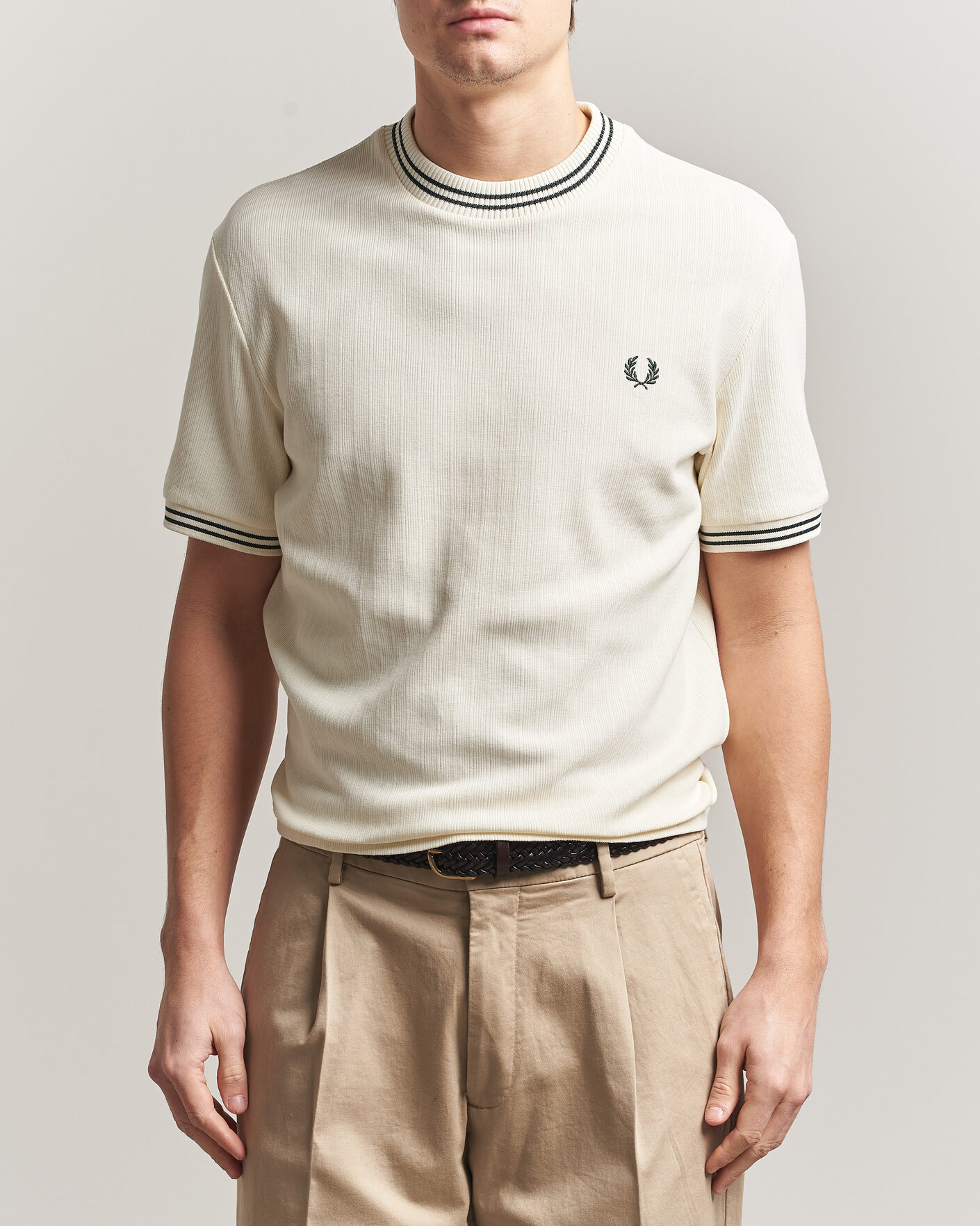 Ribbed Knitted Shirt FRED PERRY サイズ10 Fred Perry Rib Knitted T-Shirt Ecru at CareOfCarl.com
