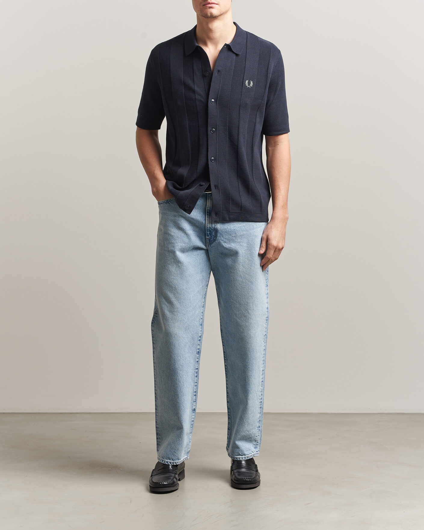 Men | Shirts | Fred Perry | Tonal Vertical Striped Knitted Shirt Navy