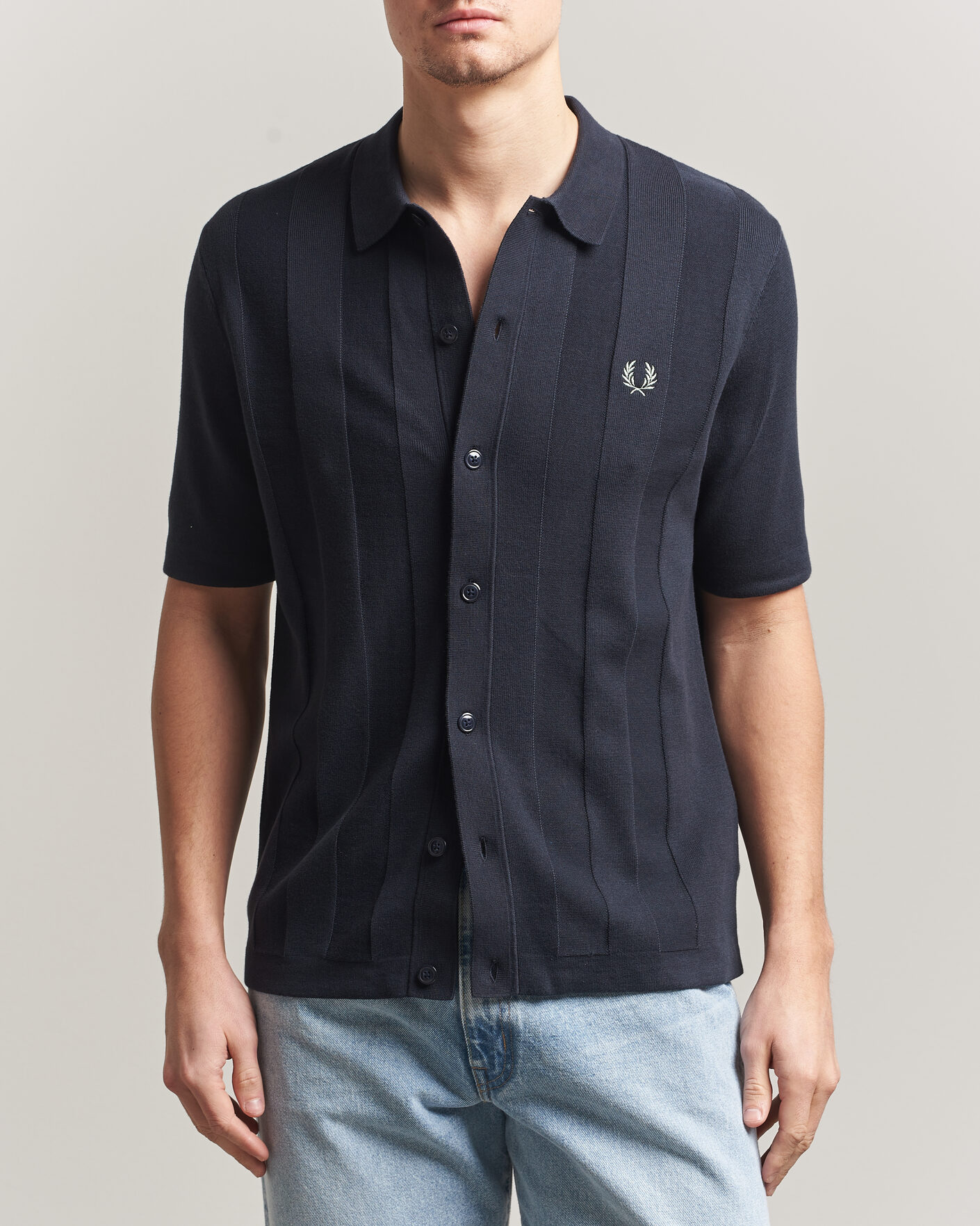 Men | Shirts | Fred Perry | Tonal Vertical Striped Knitted Shirt Navy