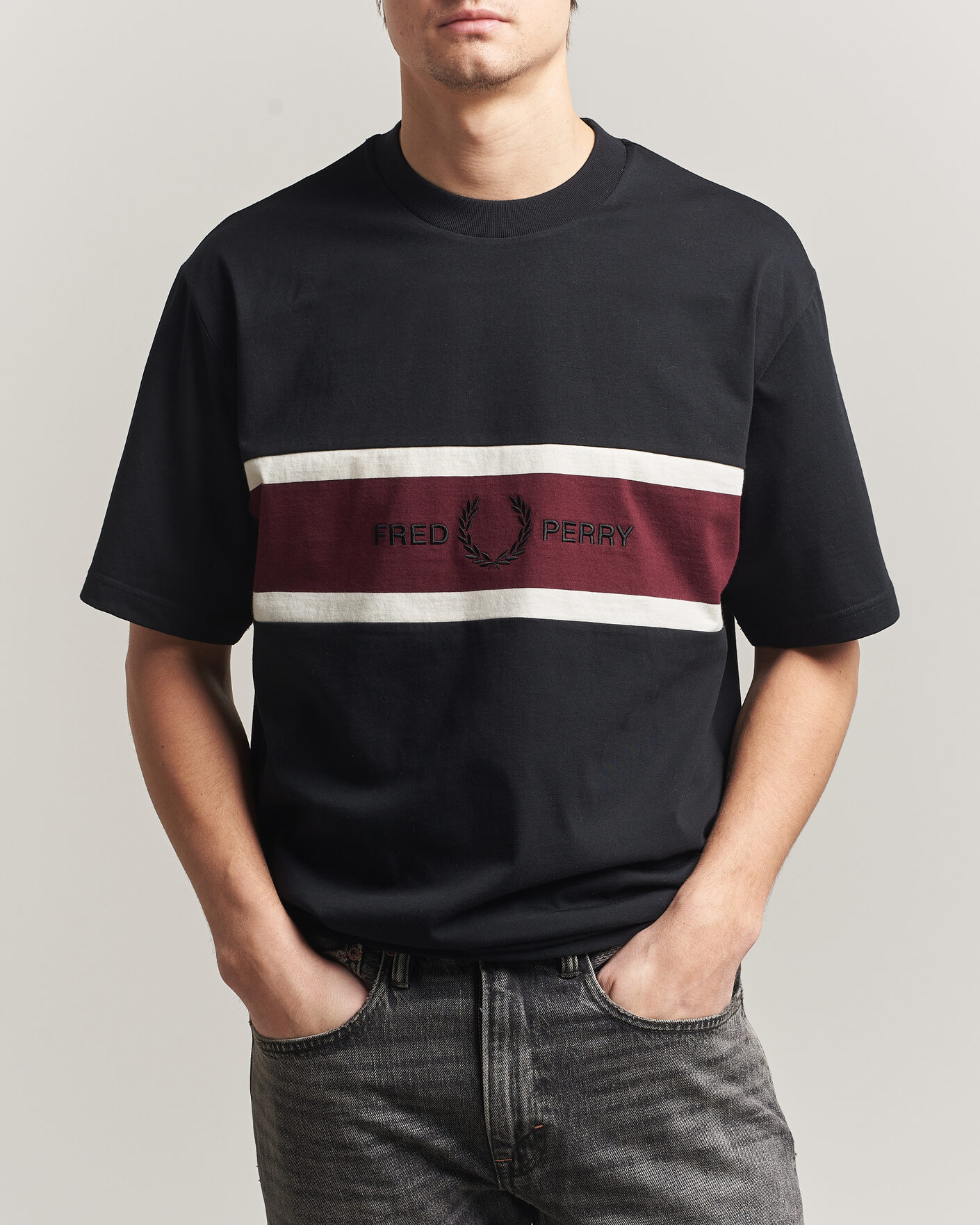Men | T-Shirts | Fred Perry | Embroidered Paneled T-Shirt Black