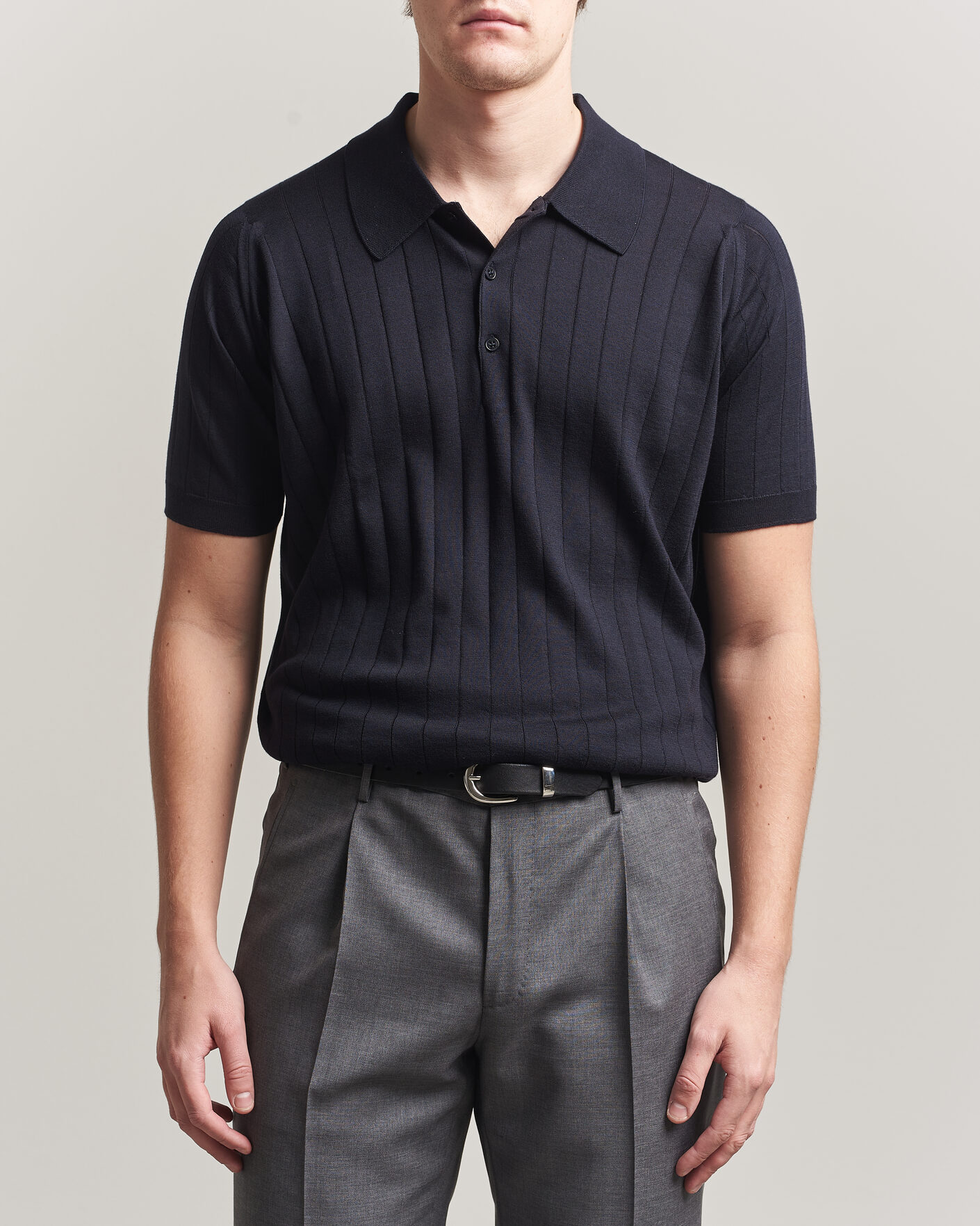 John Smedley Williams Merino/Cotton Knitted Polo Navy at
