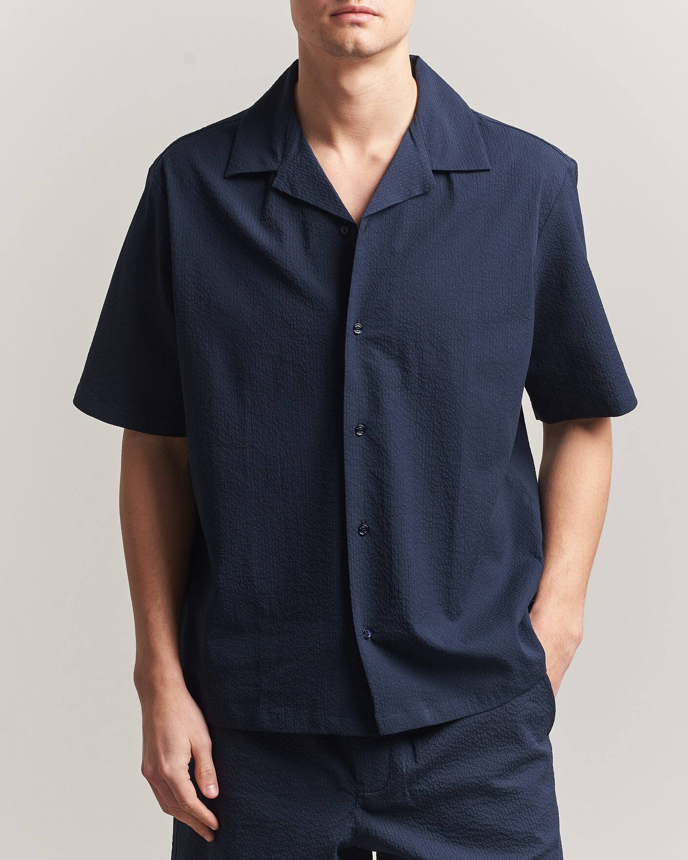 Maison Kitsuné Seersucker Resort Shirt Navy at CareOfCarl.com