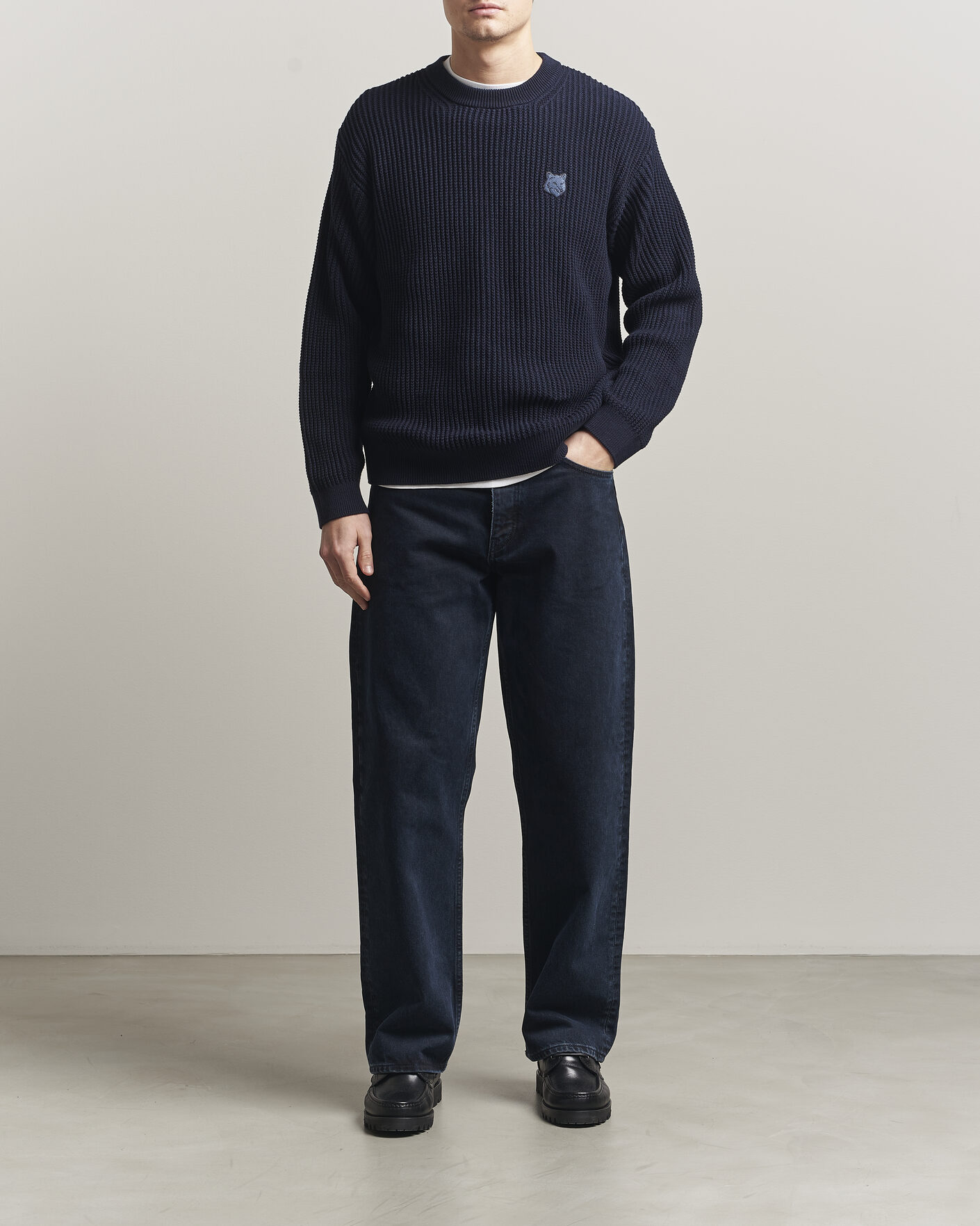 Men | Sweaters & Knitwear | Maison Kitsuné | Tonal Fox Head Rib Knitted Sweater Navy