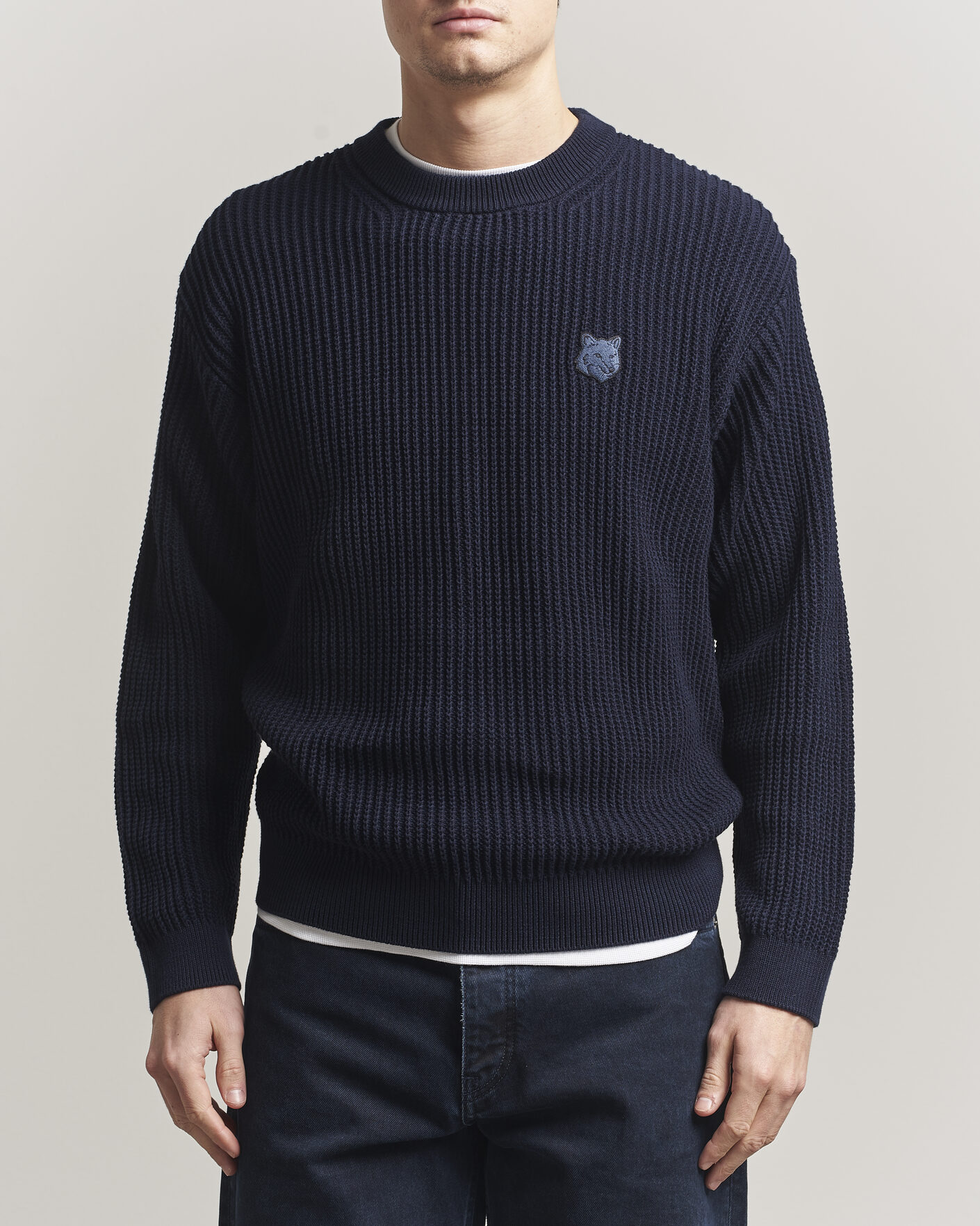 Maison Kitsuné Tonal Fox Head Rib Knitted Sweater Navy at