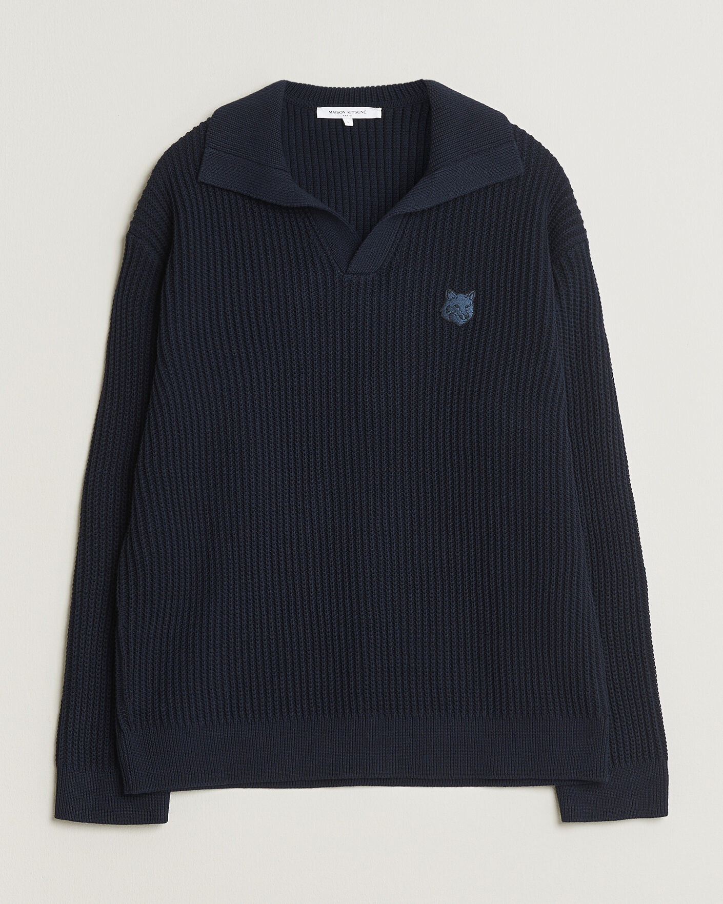 Men | Polo Shirts | Maison Kitsuné | Tonal Fox Head Rib Knitted Polo Navy