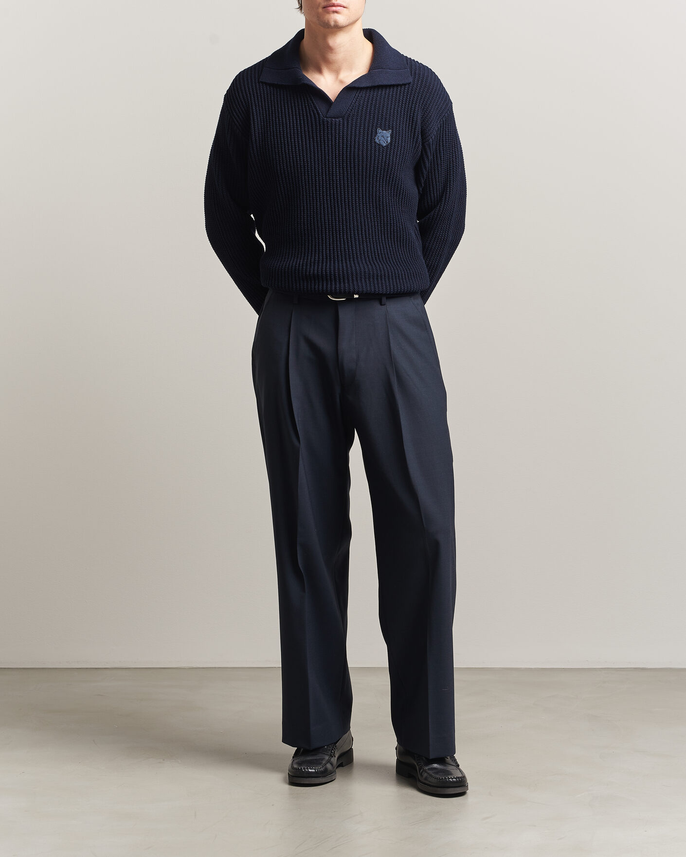 Men | Polo Shirts | Maison Kitsuné | Tonal Fox Head Rib Knitted Polo Navy