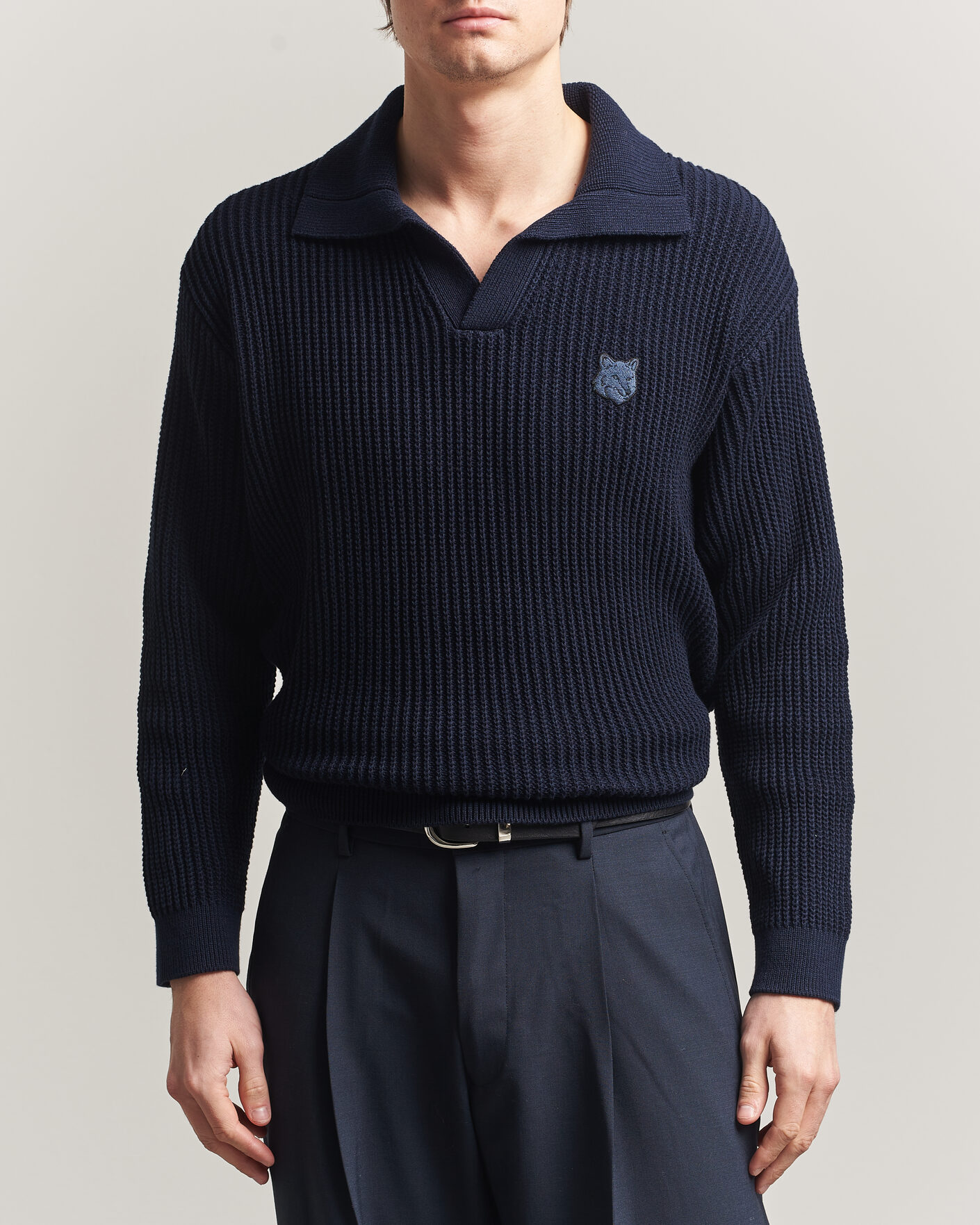Maison Kitsuné Tonal Fox Head Rib Knitted Polo Navy at CareOfCarl.com