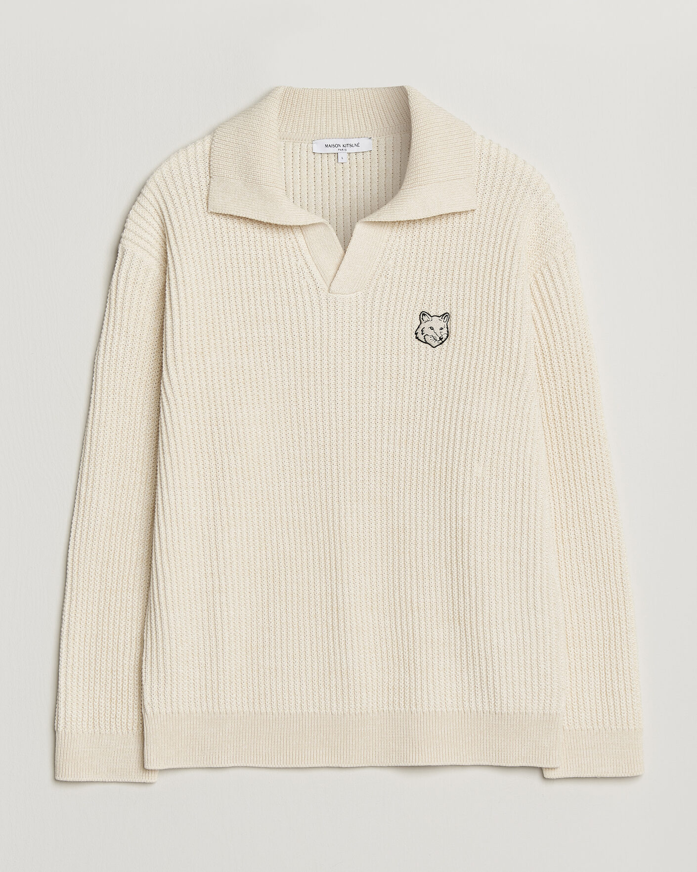 Men | Polo Shirts | Maison Kitsuné | Tonal Fox Head Rib Knitted Polo Sandshell