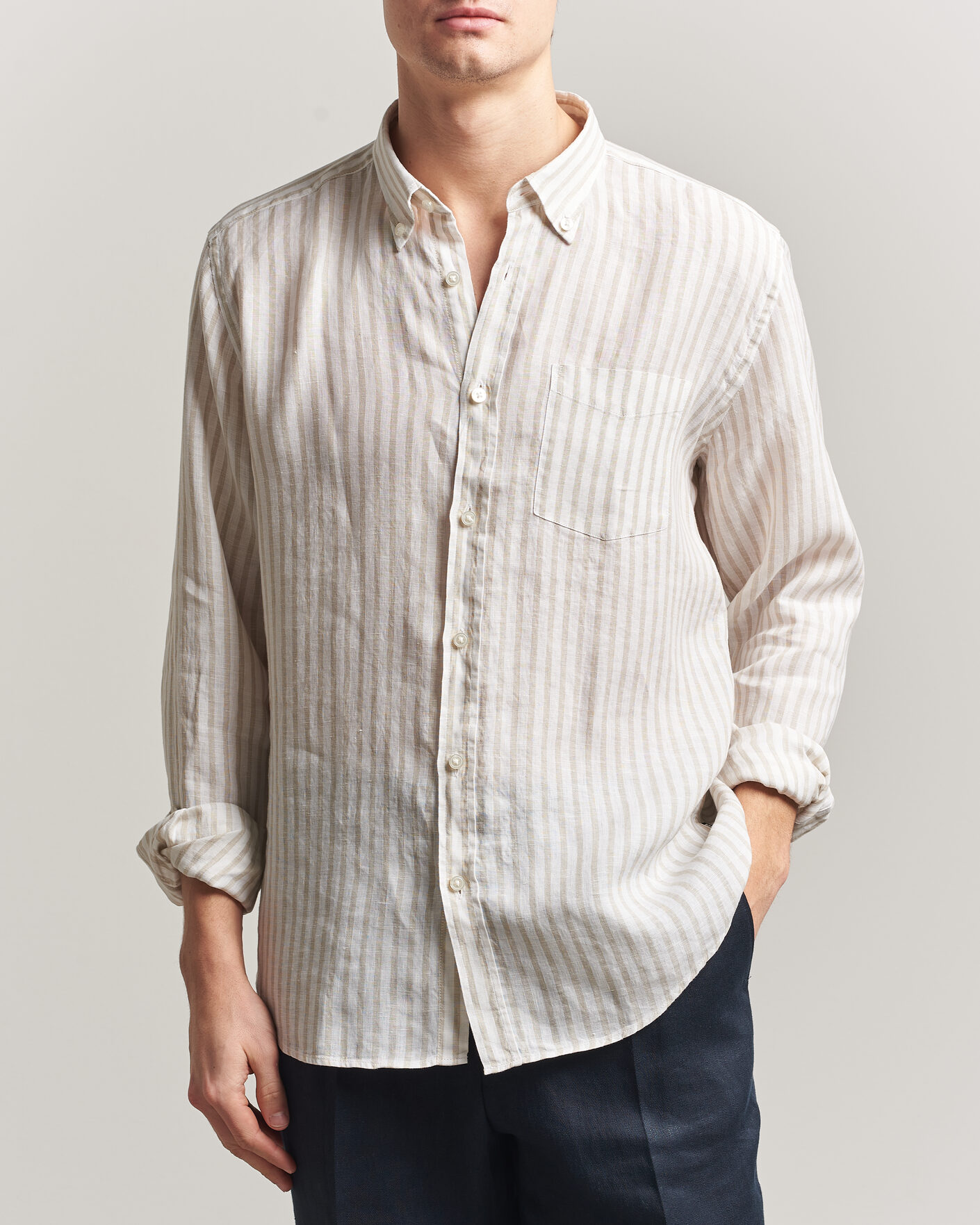 Men | Shirts | BOSS BLACK | Liam Striped Linen Shirt Open Beige