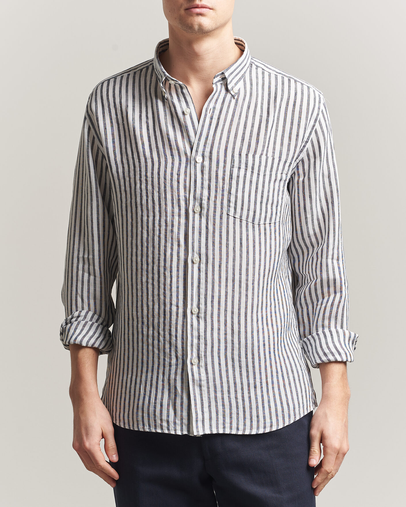 Men | Shirts | BOSS BLACK | Liam Striped Linen Shirt Dark Blue