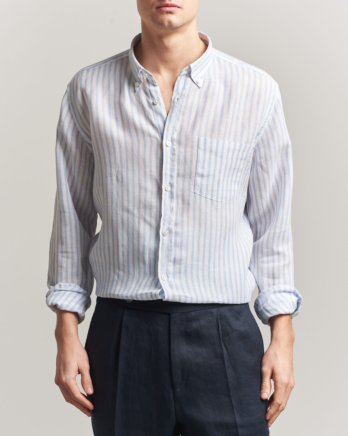 Men | Shirts | BOSS BLACK | Liam Striped Linen Shirt Light Blue