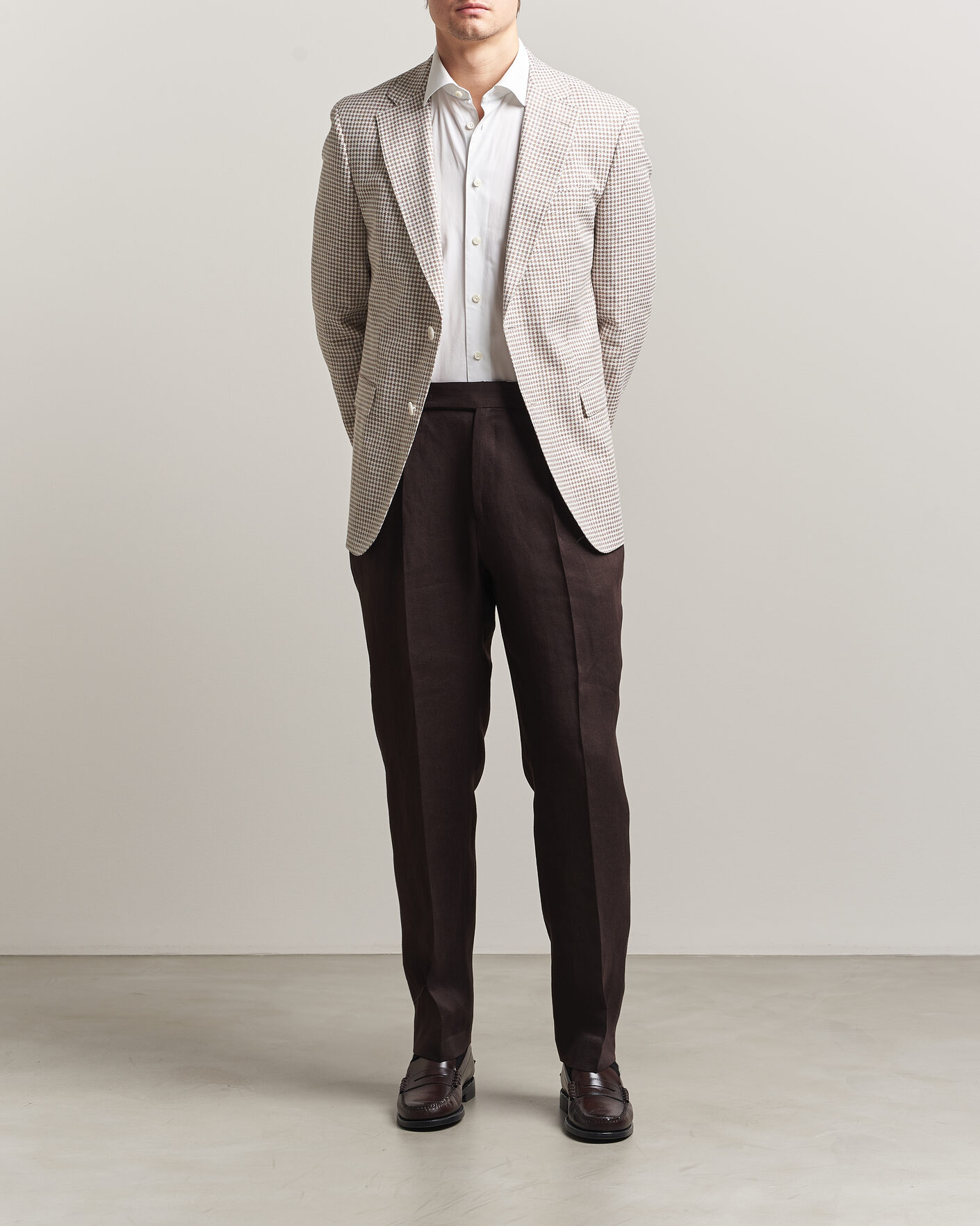 Men | Blazers | BOSS BLACK | Hutson Linen/Cotton Houndstooth Blazer Open Beige
