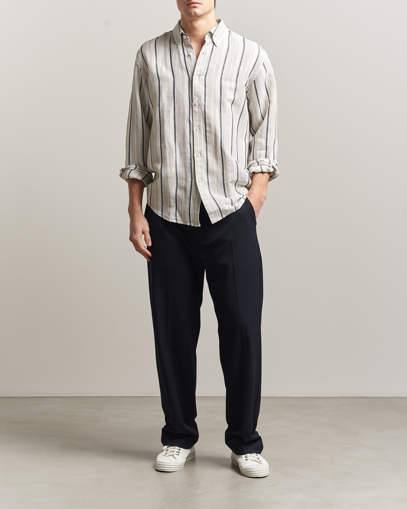 Men | Shirts | BOSS ORANGE | Ricoplus Linen/Cotton Striped Shirt Beige