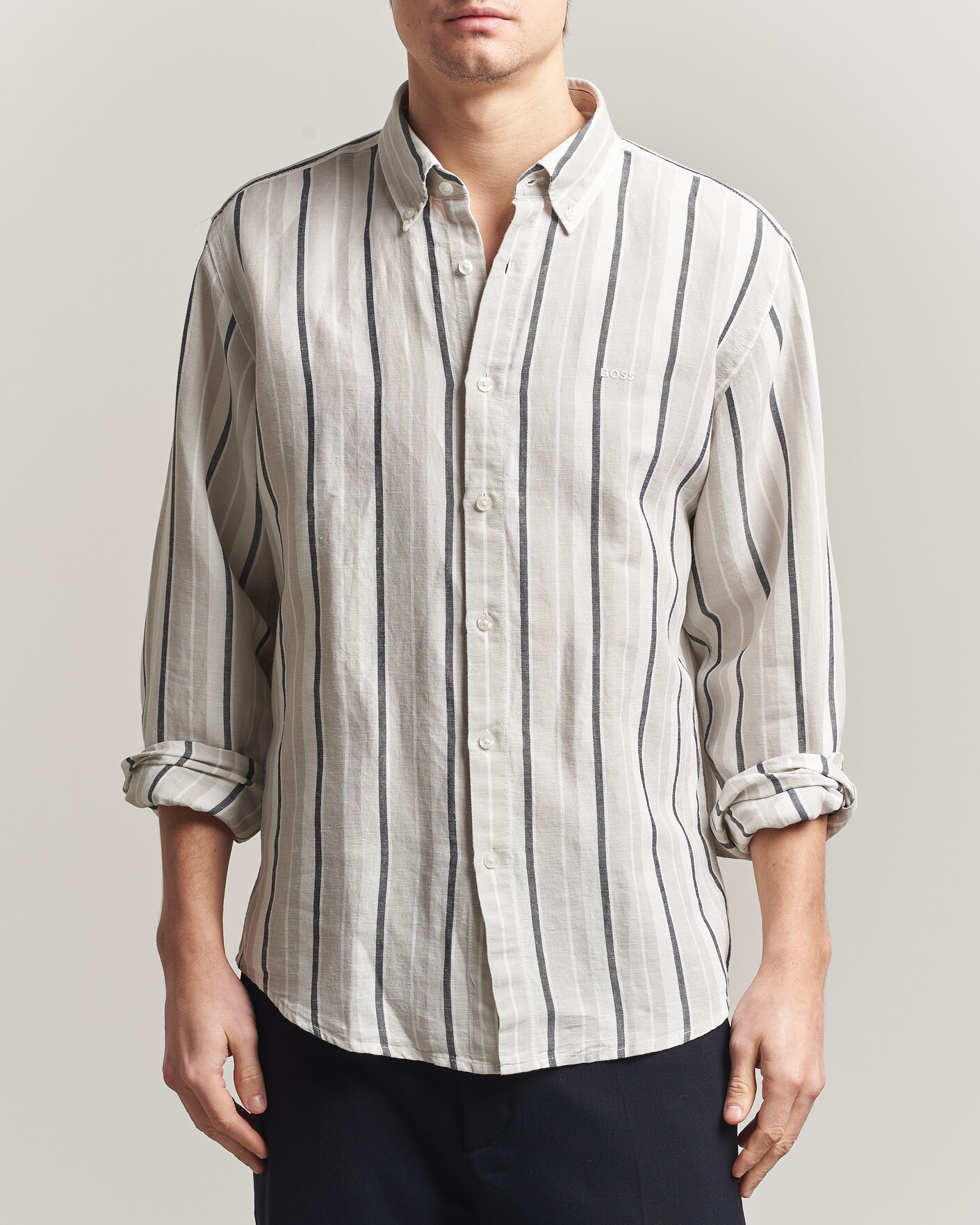 BOSS ORANGE Ricoplus Linen/Cotton Striped Shirt Beige at