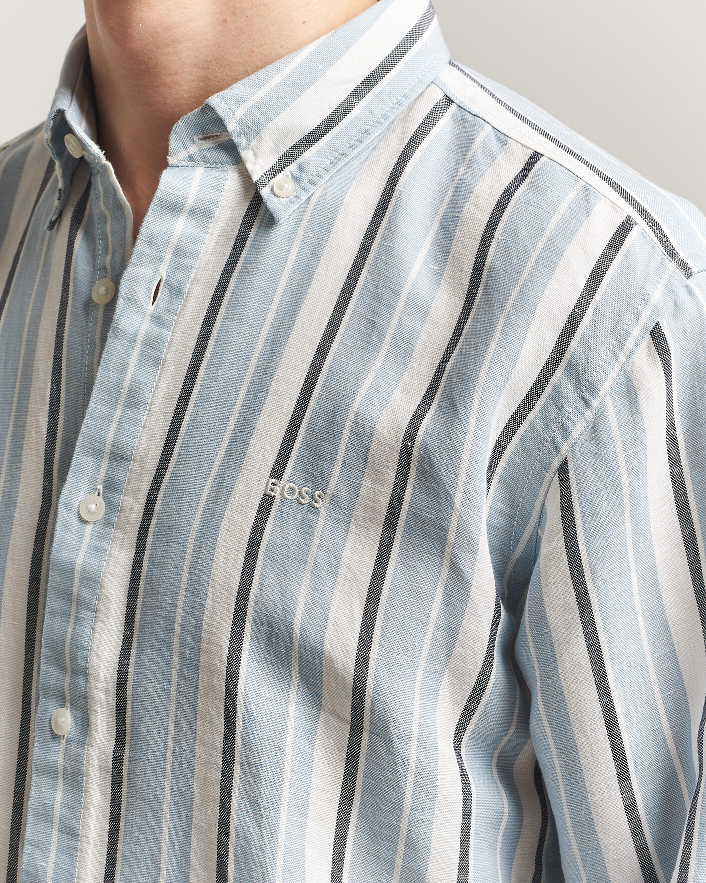 Men | Shirts | BOSS ORANGE | Ricoplus Linen/Cotton Striped Shirt Light Blue