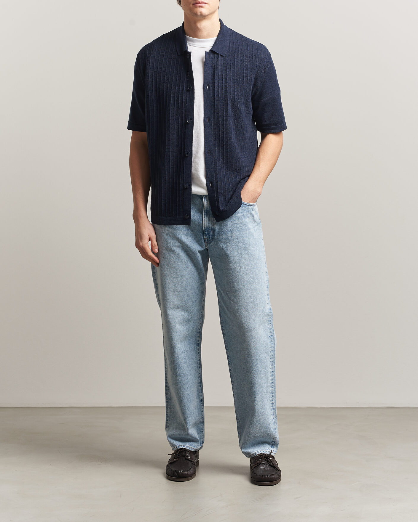 Men | Shirts | BOSS ORANGE | Amicino Linen/Cotton Knitted Shirt Dark Blue