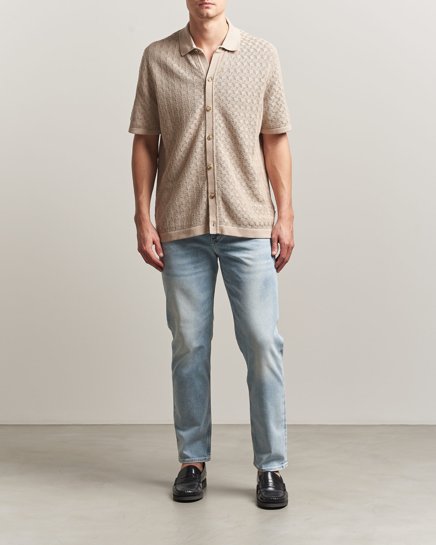 Men | Shirts | BOSS BLACK | Nappo Knitted Short Sleeve Shirt Open Beige