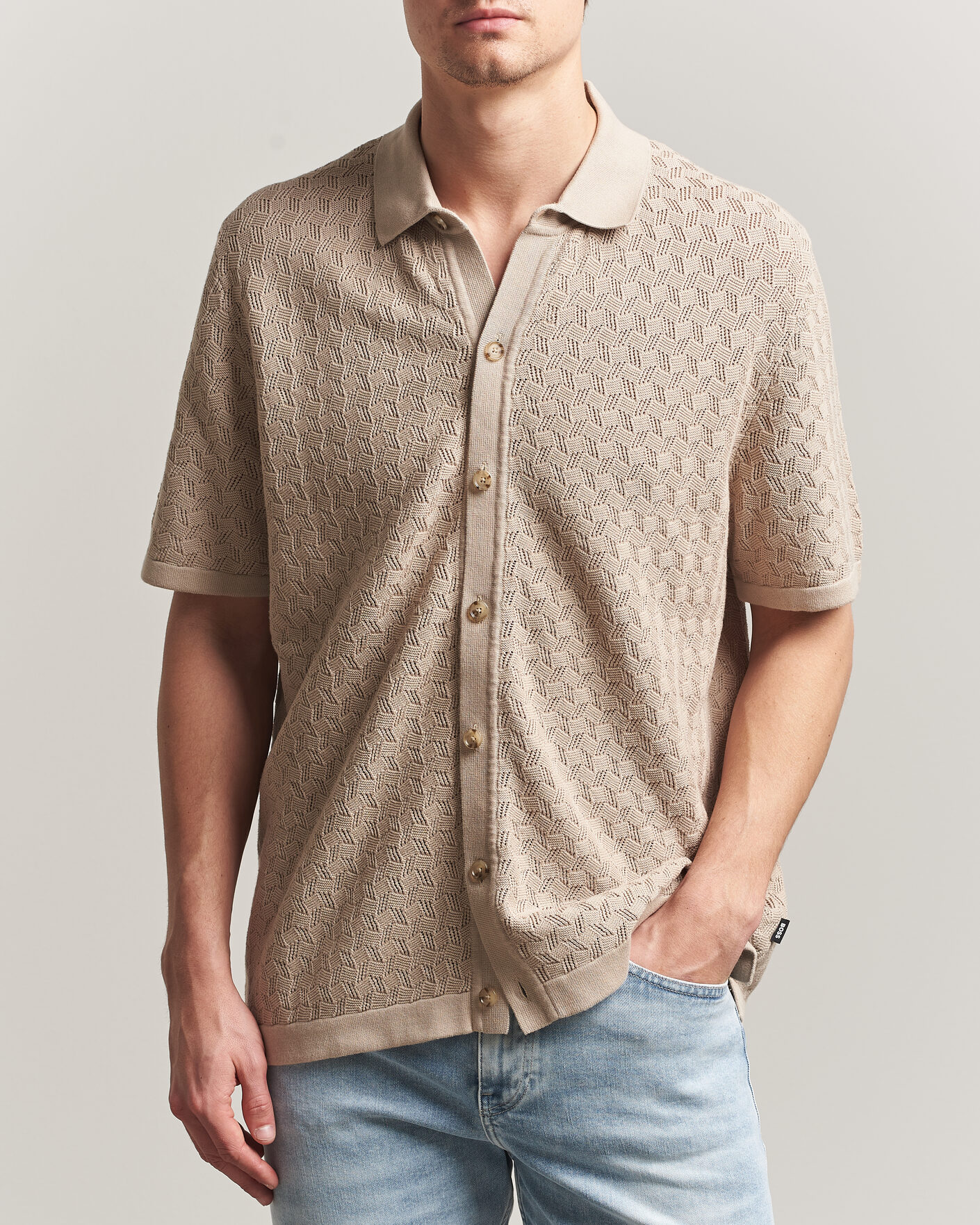 BOSS BLACK Nappo Knitted Short Sleeve Shirt Open Beige at