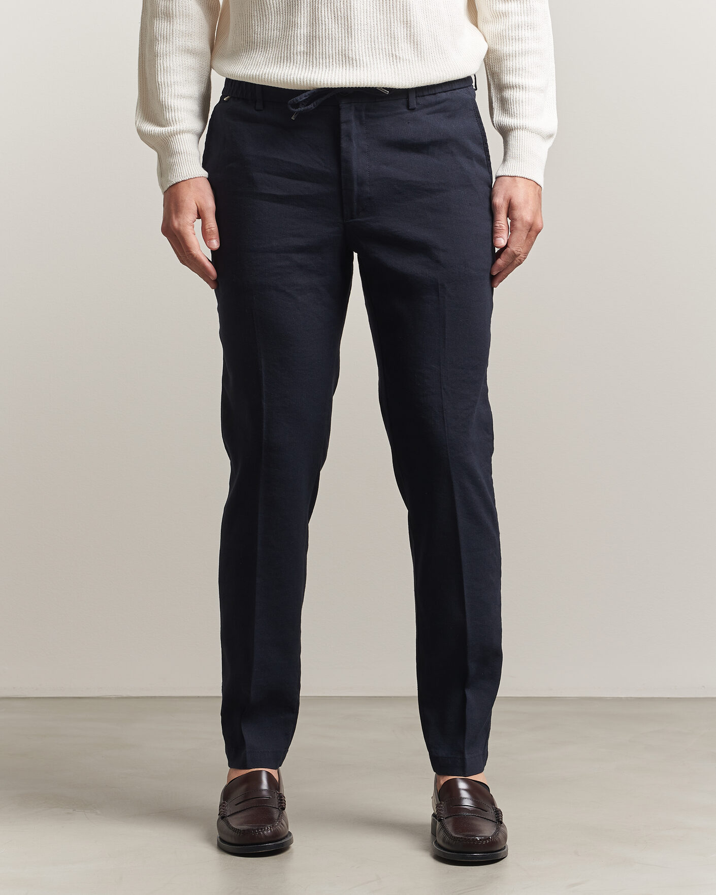Men | Trousers | BOSS BLACK | Kane Linen Drawstring Trousers Dark Blue