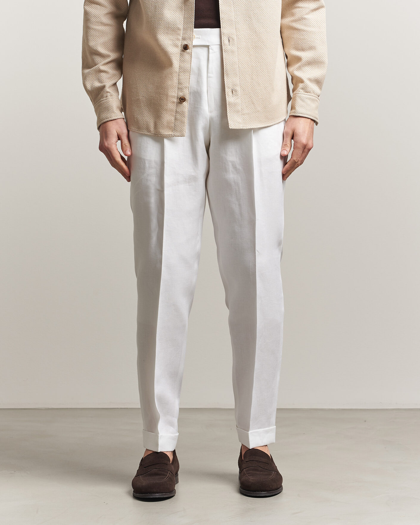Men | Trousers | BOSS CAMEL | Peet Linen Pleated Trousers White