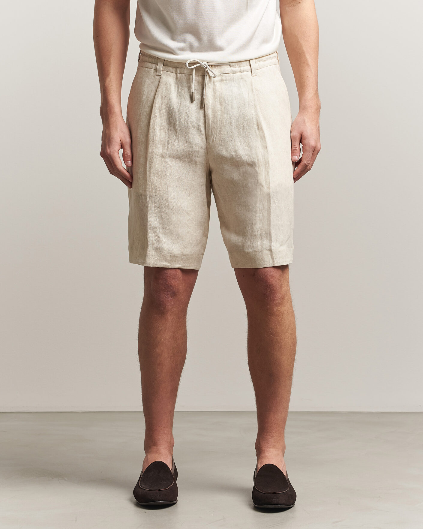 Men | Shorts | BOSS CAMEL | Peet Linen Drawstring Shorts Open White