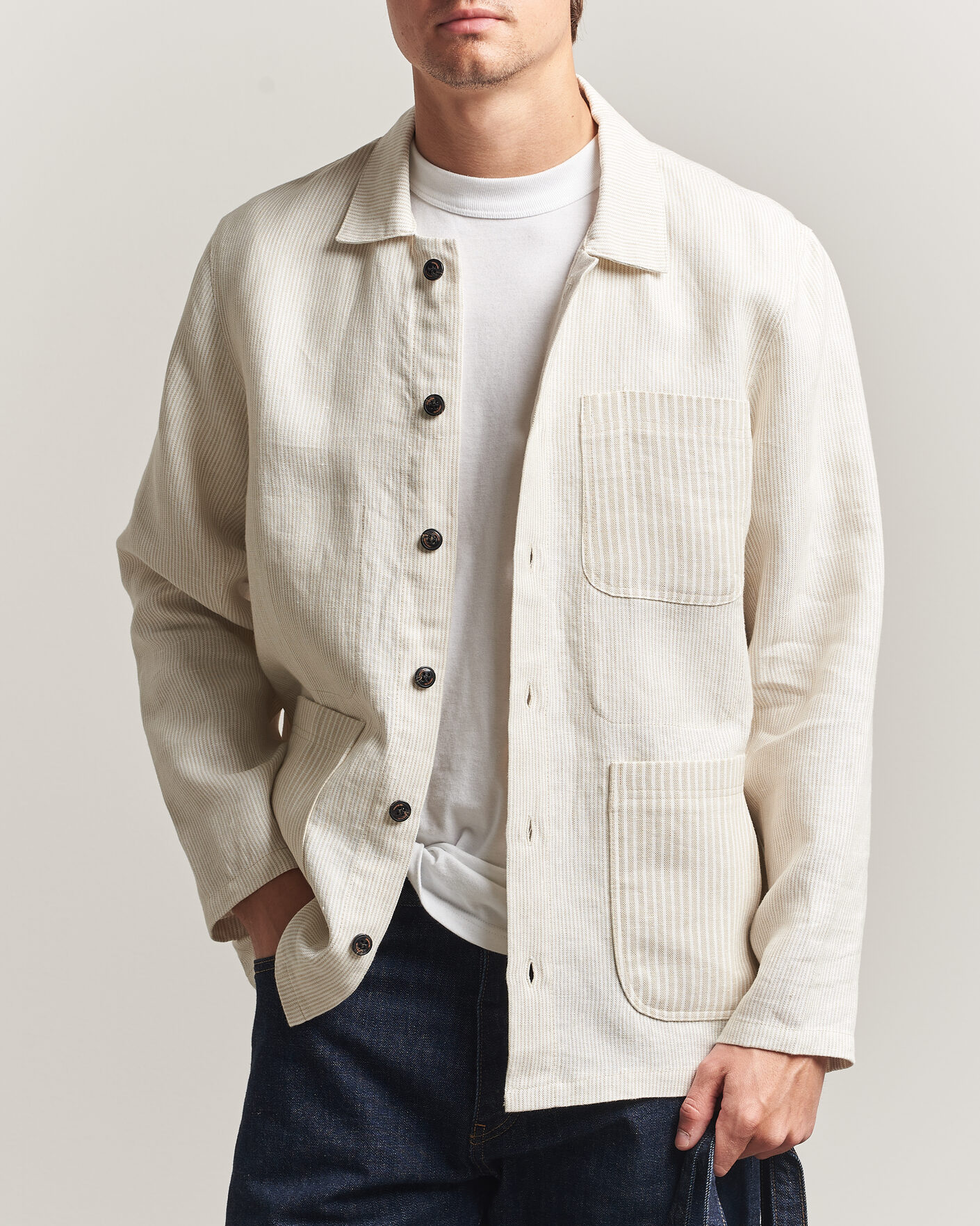 Men | Shirts | Peregrine | Windsor Linen Shacket Beige Stripe