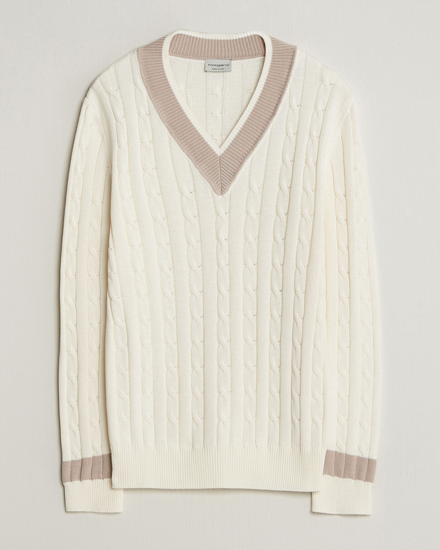 Men | Sweaters & Knitwear | Morgano | Cable Knitted Cotton V-Neck White/Beige