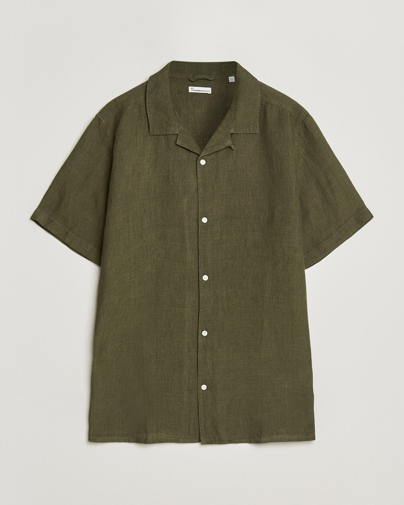 Men | Shirts | KnowledgeCotton Apparel | Short Sleeve Linen Resort Shirt Burnt Olive