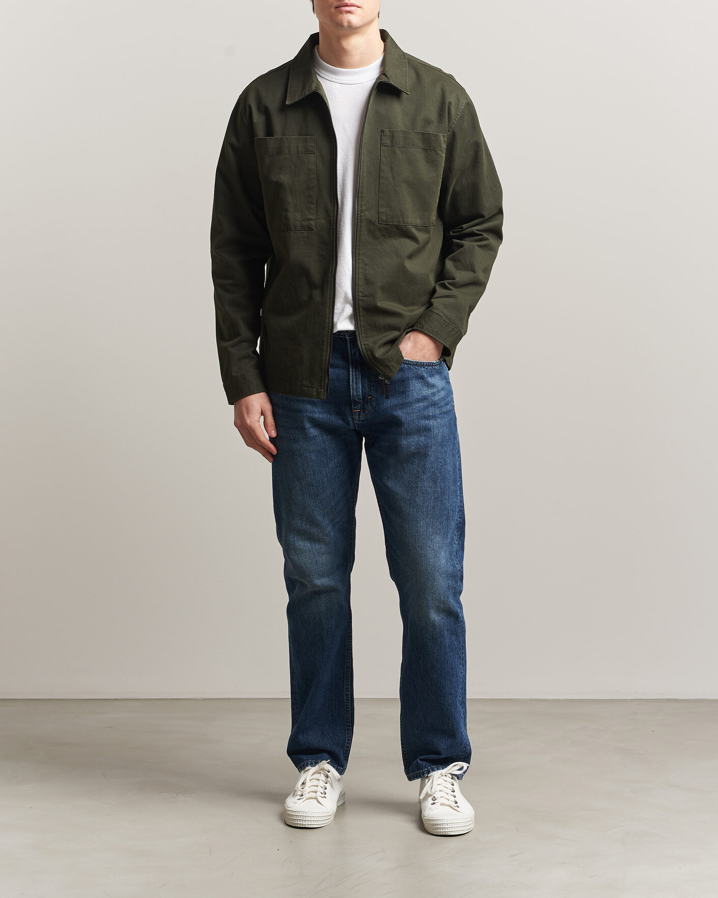 KnowledgeCotton Apparel Cotton Twill Stretch Zip Overshirt Forest