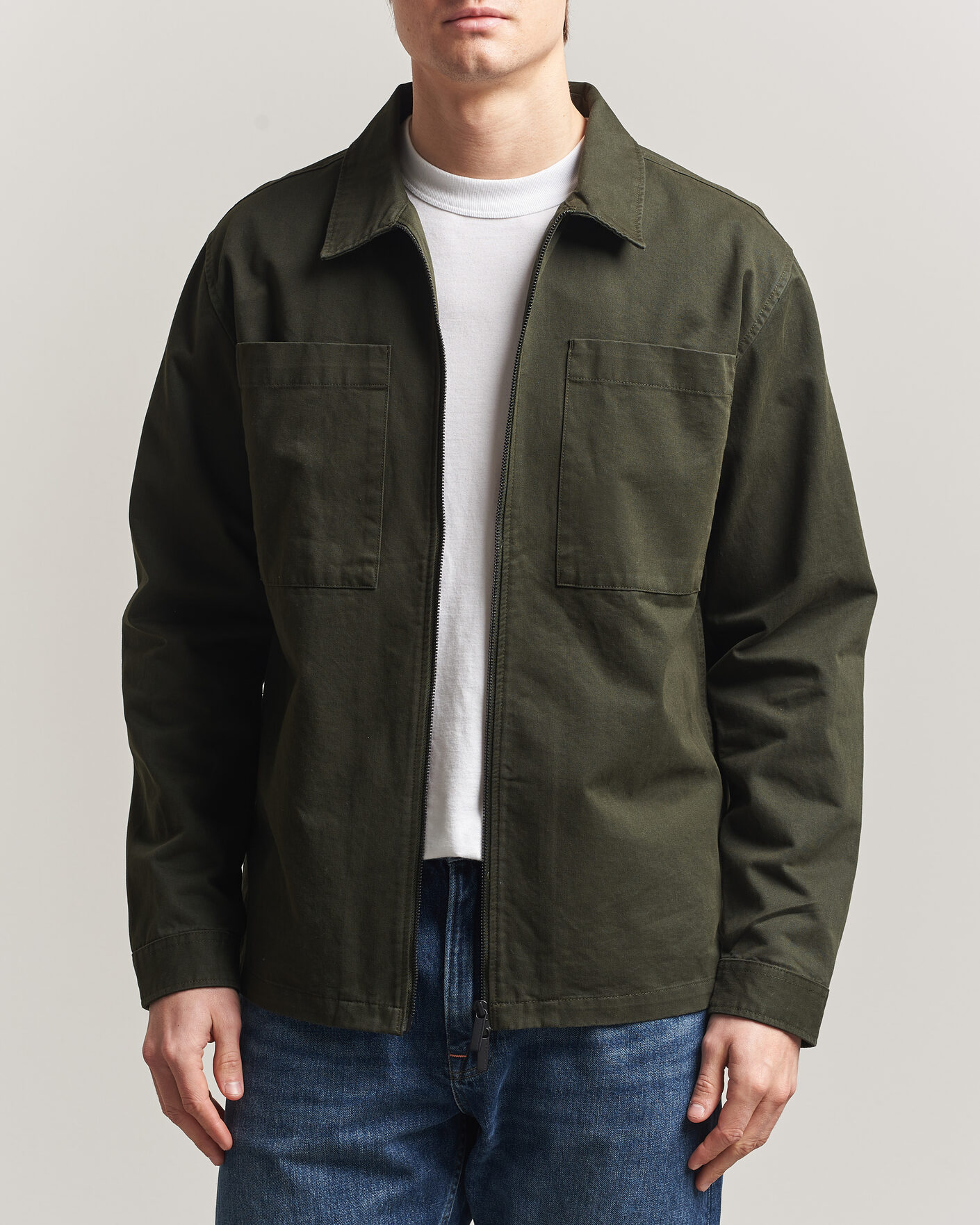 KnowledgeCotton Apparel Cotton Twill Stretch Zip Overshirt Forest