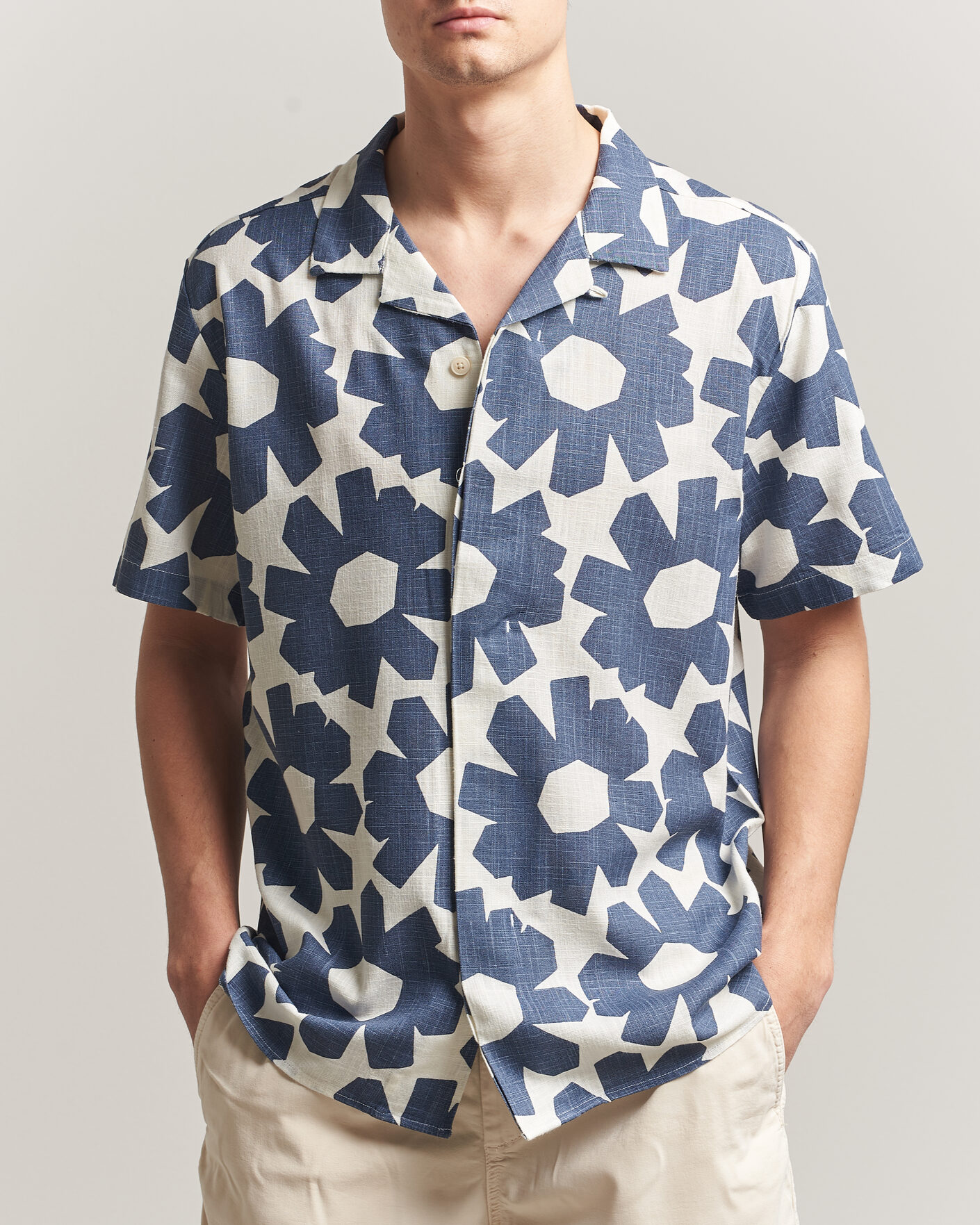 Men | Shirts | KnowledgeCotton Apparel | Printed Linen Mix Shirt Blue