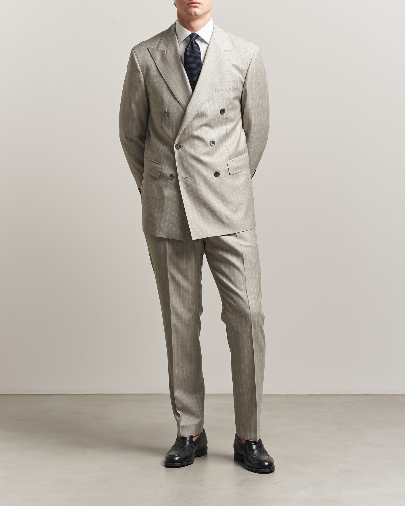 Men | Trousers | Oscar Jacobson | Delon Striped Wool Trousers Beige
